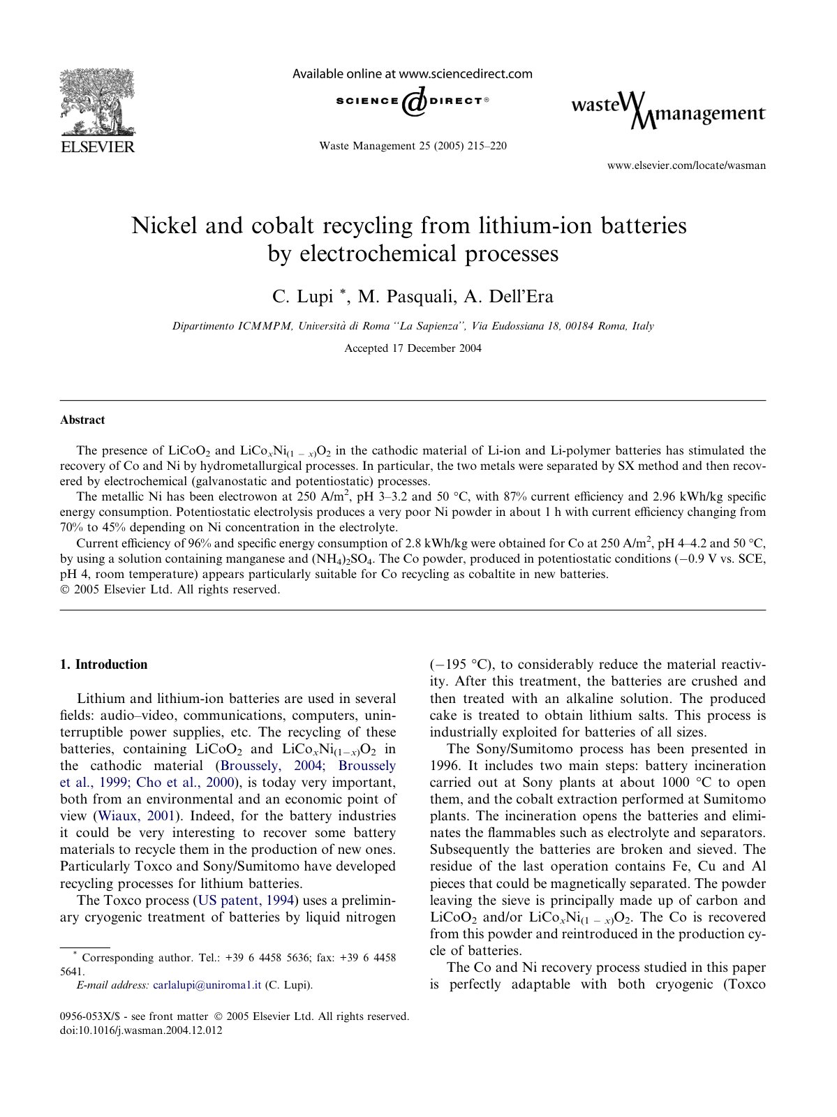 First page of Nickel and cobalt recycling from lithium