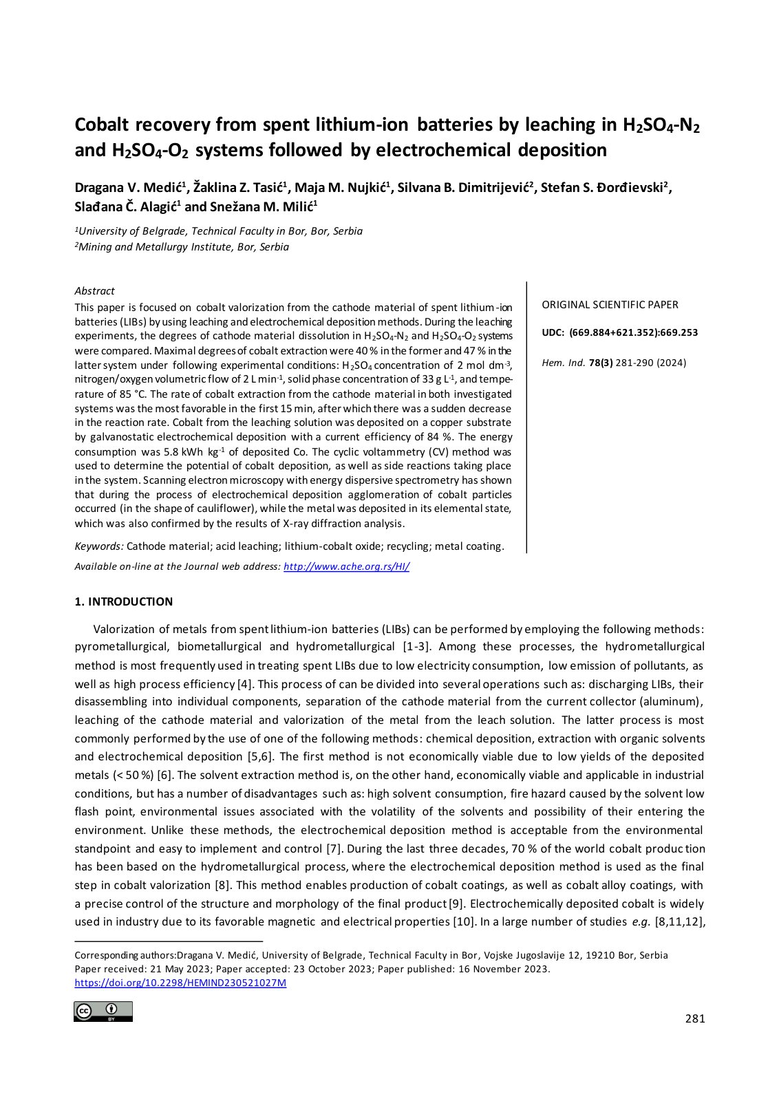 First page of Cobalt recovery from spent lithium ion b
