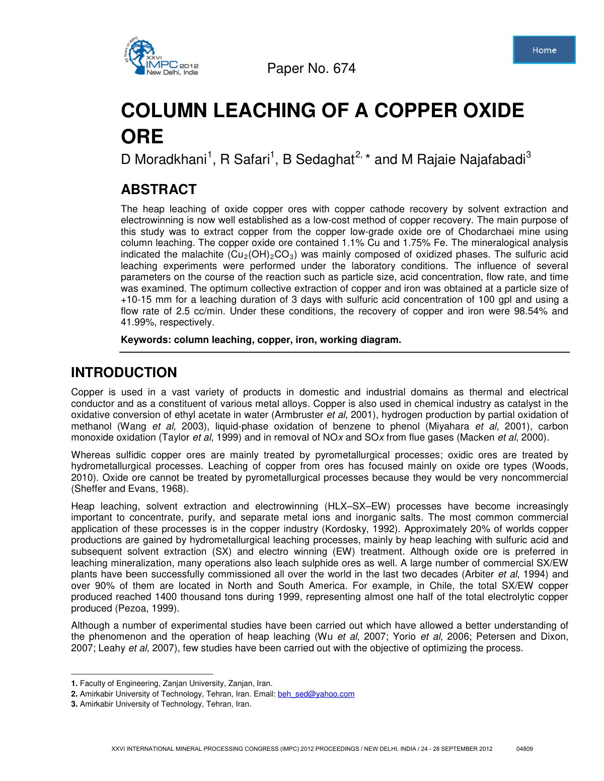 First page of COLUMN LEACHING OF A COPPER OXIDE ORE