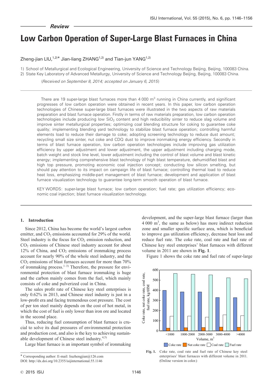 First page of 2015 Zhengjian Liu Low Carbon Operation of Super Large Blast Furnaces in China isijinternational.55.1146
