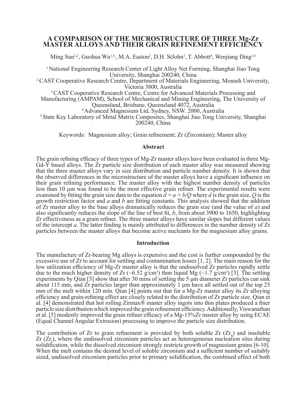 First page of A COMPARISON OF THE MICROSTRUCTURE OF THREE Mg-Zr MASTER ALLOYS AND THEIR GRAIN REFINEMENT EFFICIENCY
