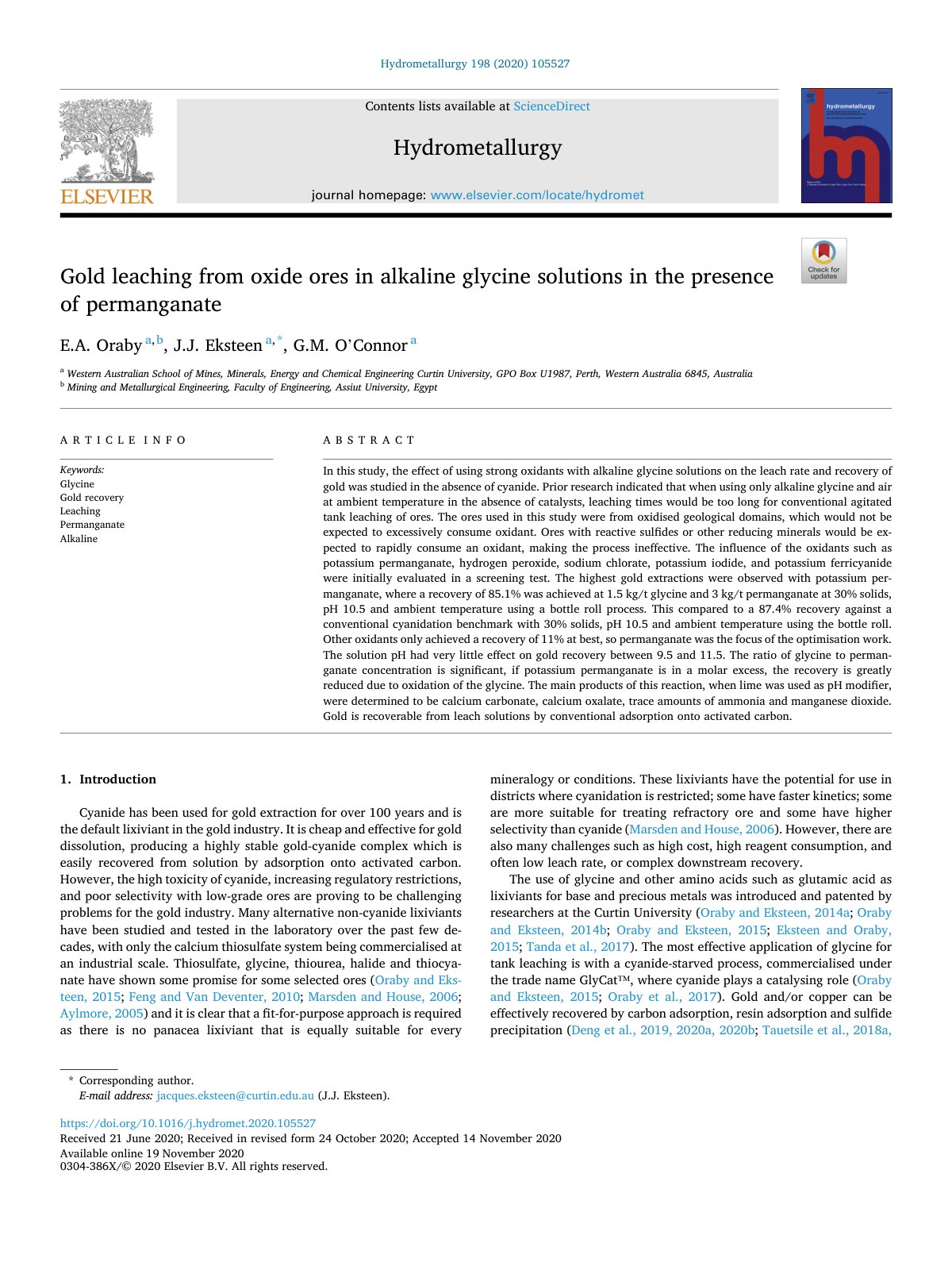 First page of Gold leaching from oxide ores in alkaline glycine solutions in the presence of permanganate