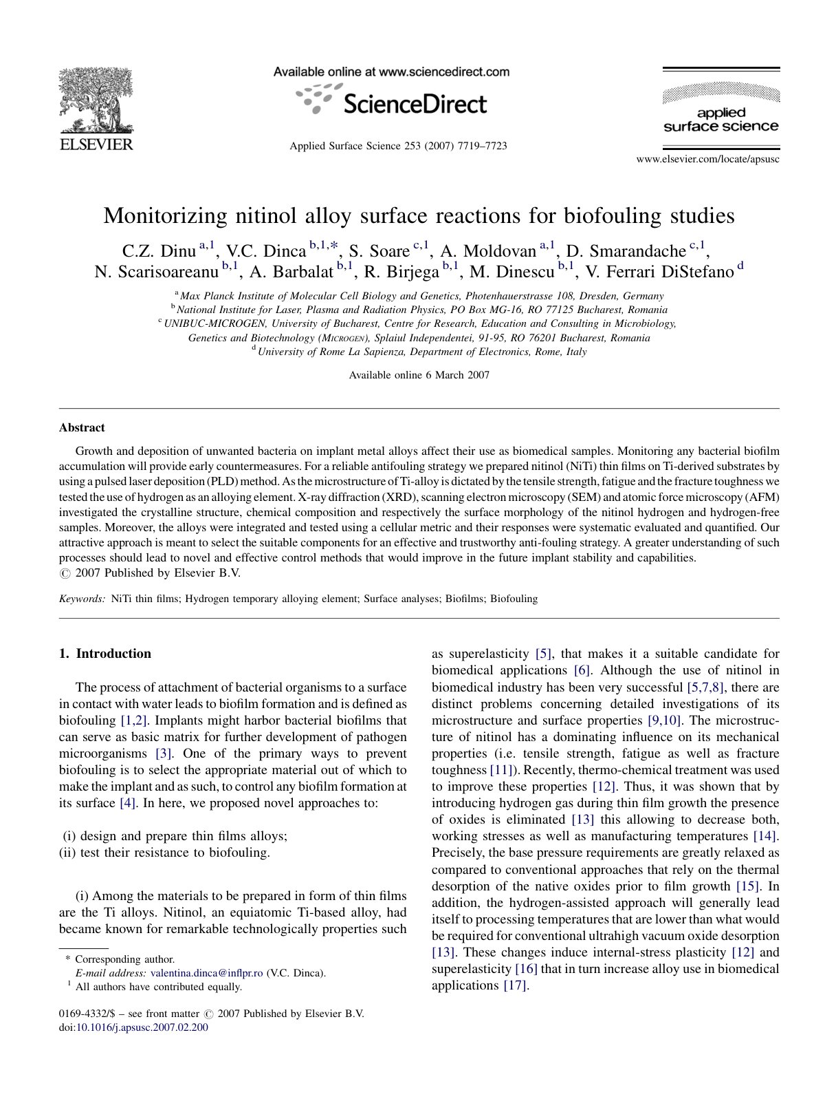 First page of Monitorizing nitinol alloy surface reactions for biofouling studies