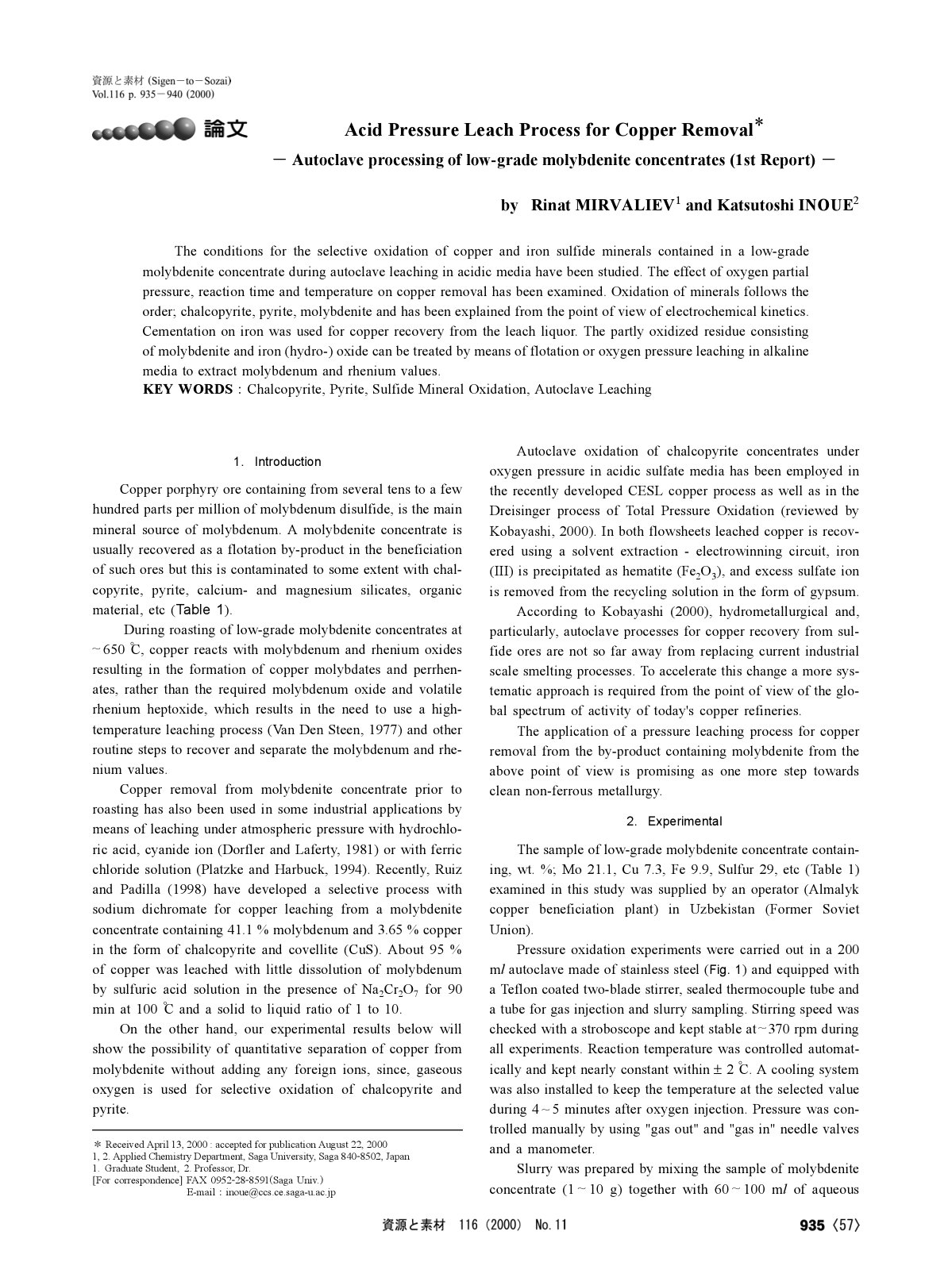 First page of Acid Pressure Leach Process for Copper Removal*