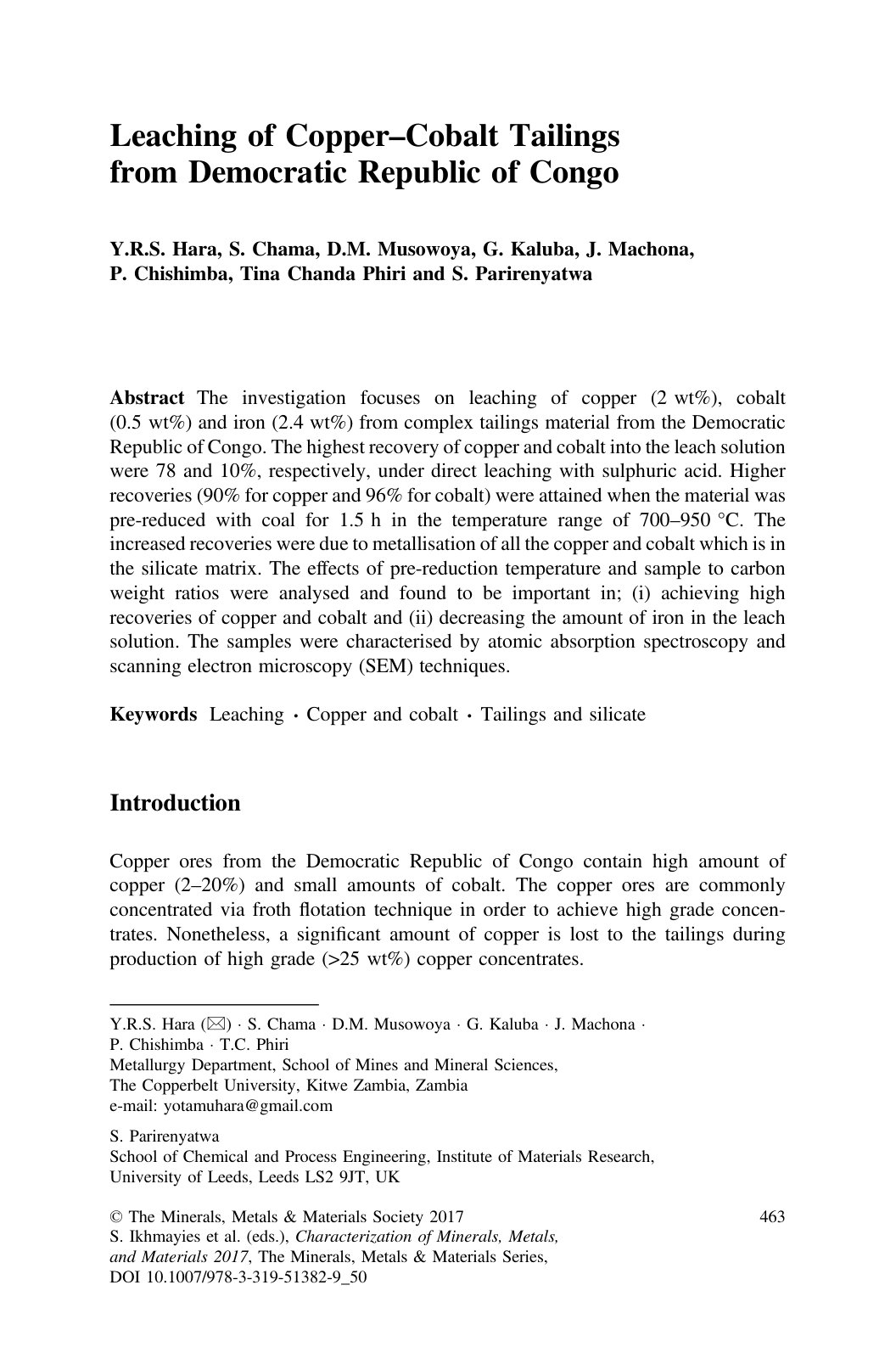 First page of Leaching of Copper –Cobalt Tailings from Democratic Republic of Congo