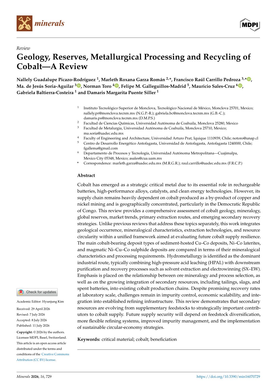 First page of Cobalt Processing Recycling Review