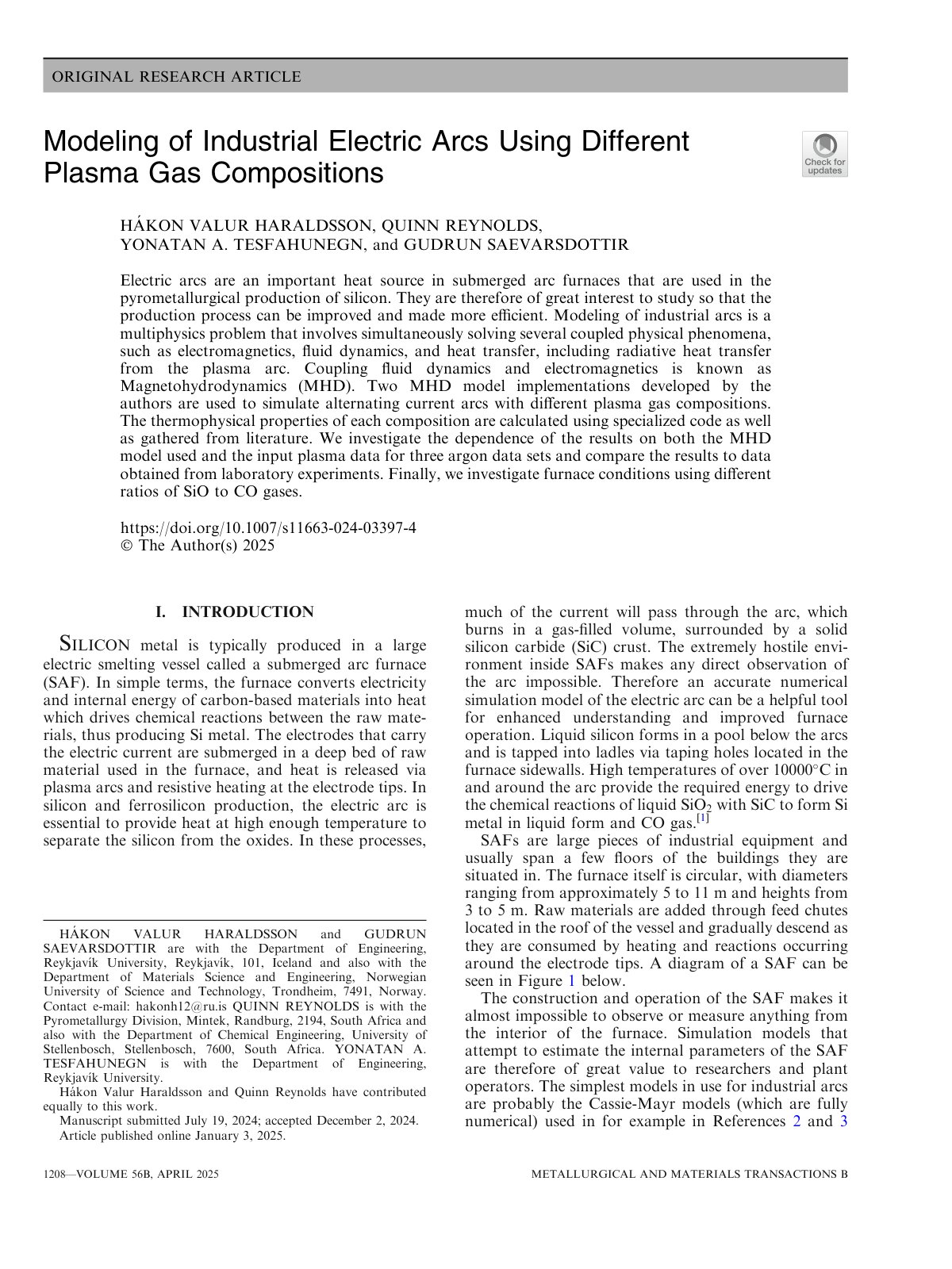 First page of 2025 Haraldsson Industrial Electric Arc Modeling