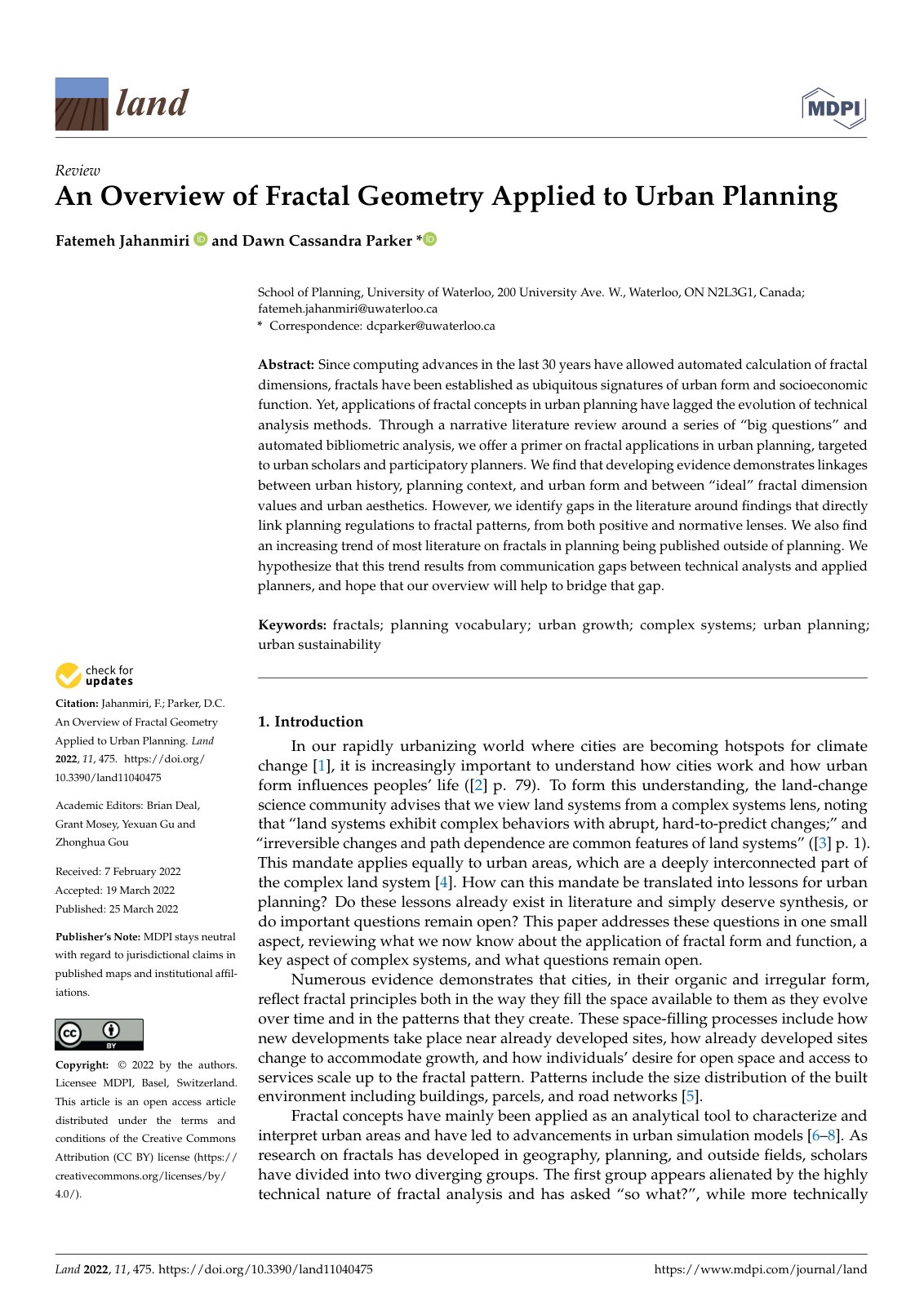 First page of An Overview of Fractal Geometry Applied to Urban Planning