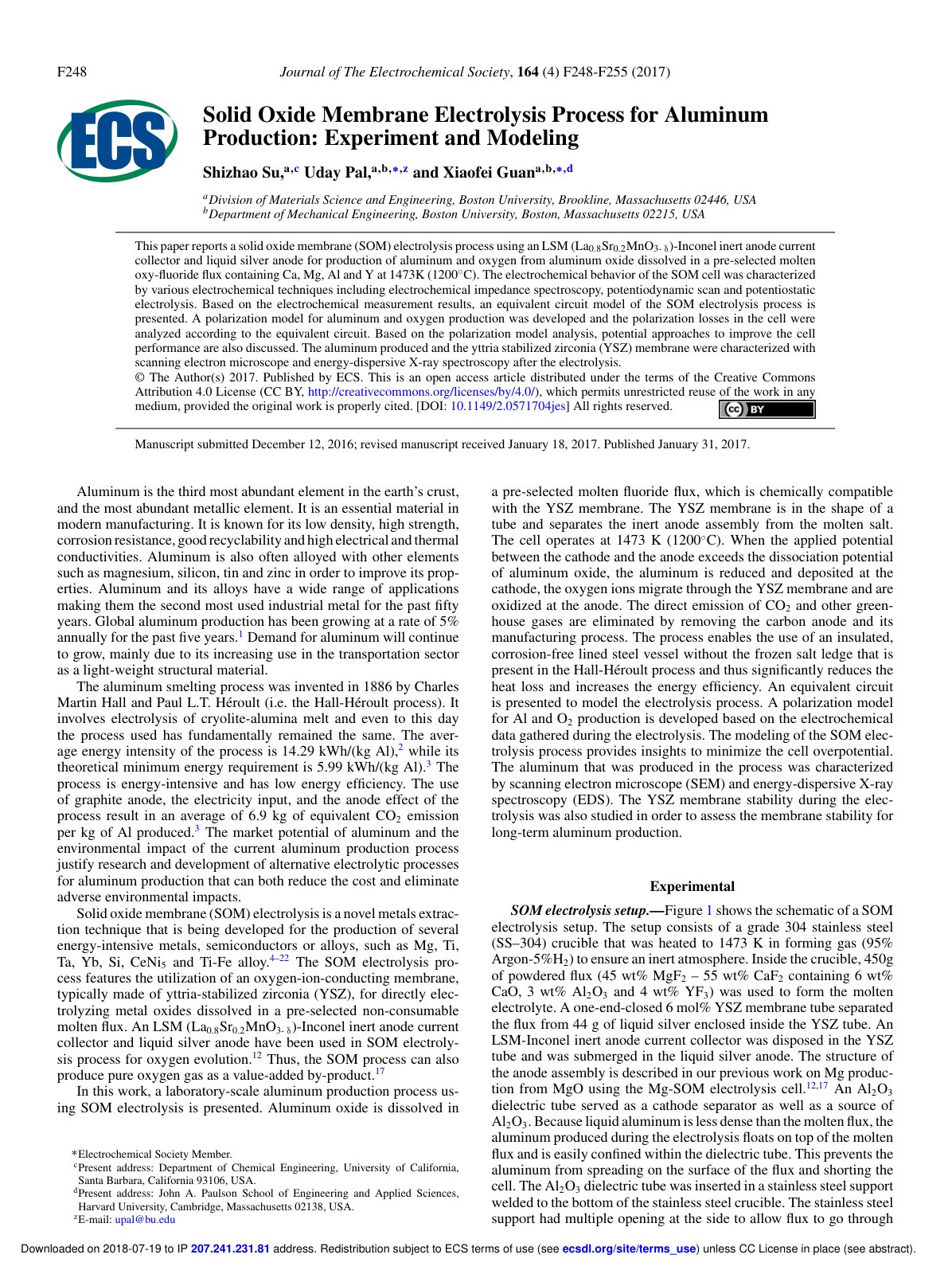 First page of Solid Oxide Membrane Electrolysis Proces