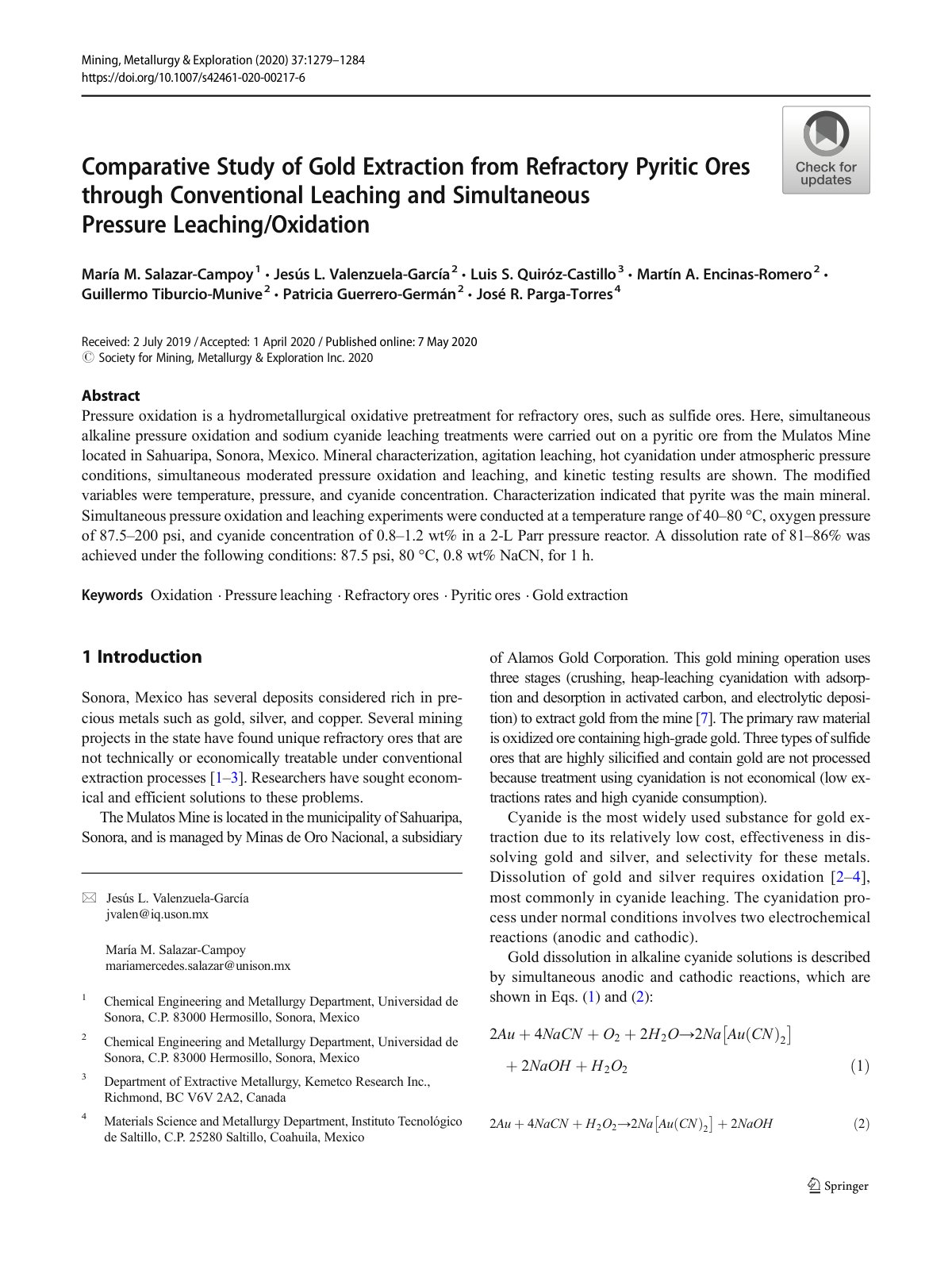 First page of Comparative Study of Gold Extraction from Refractory Pyritic Ores through Conventional Leaching and Simultaneous Pressure Leaching/Oxidation