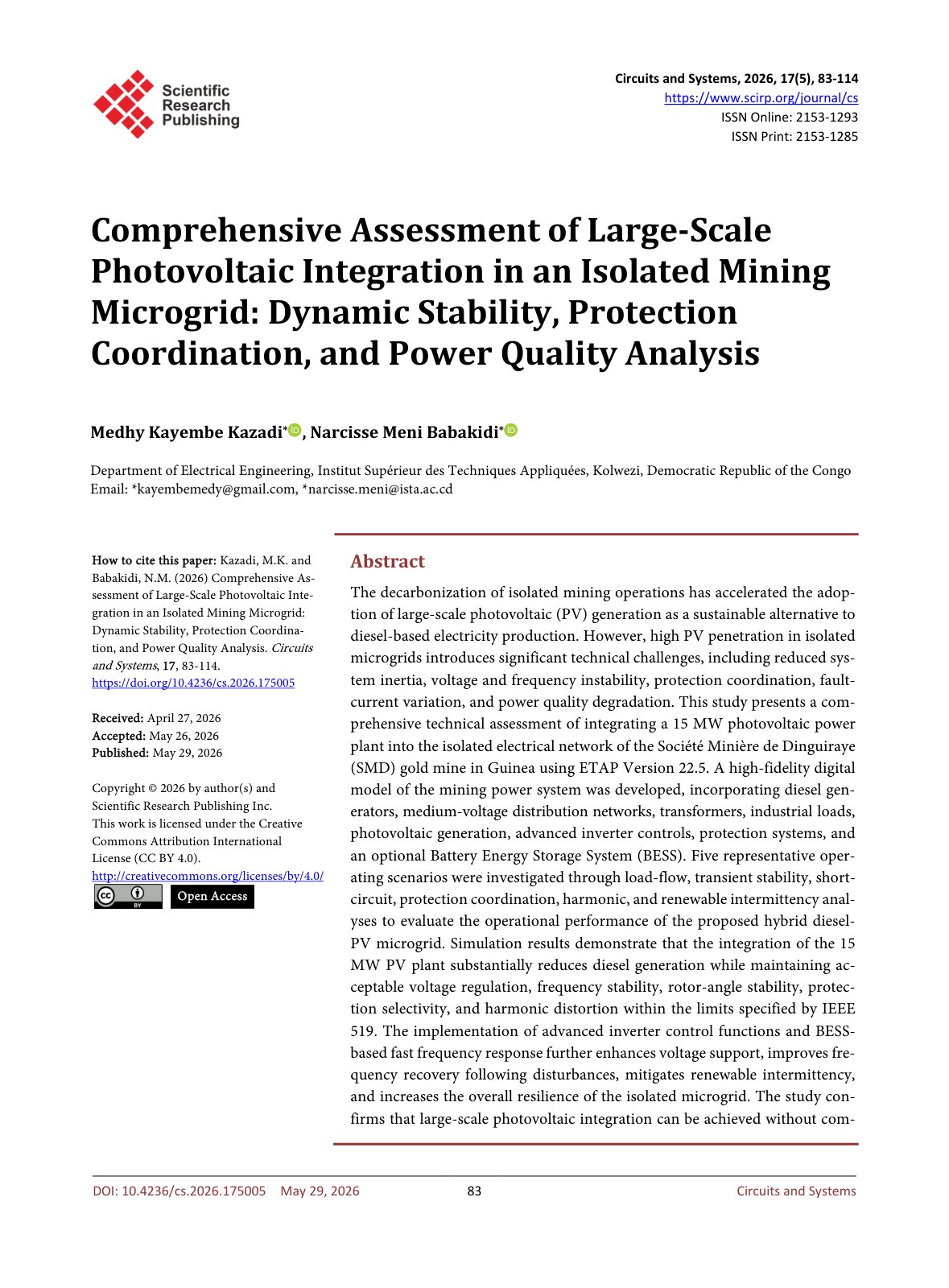 First page of Comprehensive Assessment of Large-Scale Photovoltaic Integration in an Isolated Mining Microgrid: Dynamic Stability, Protection Coordination, and Power Quality Analysis