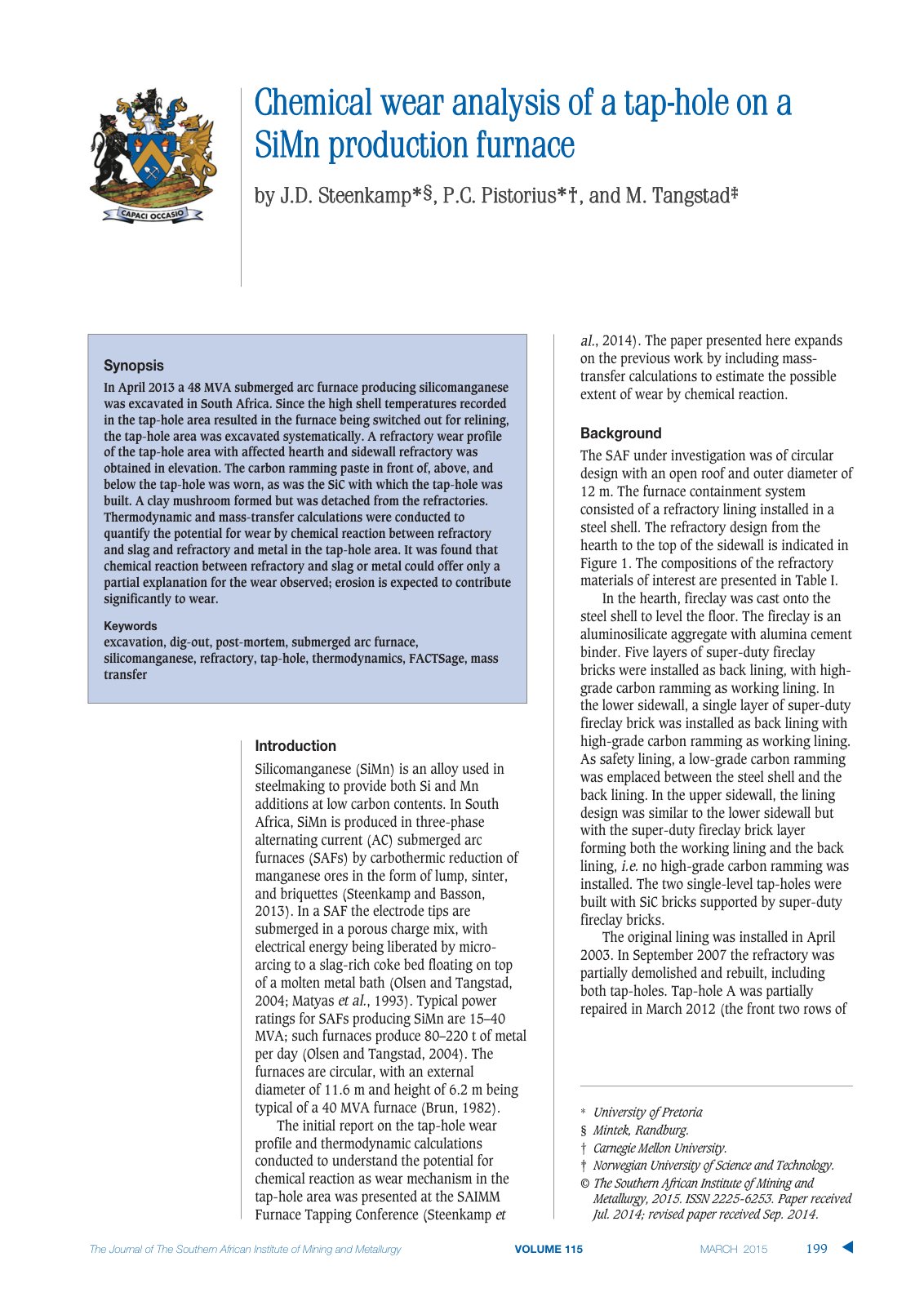 First page of Silicomanganese production and the potential for chemical reaction as wear mechanism in the tap-hole area