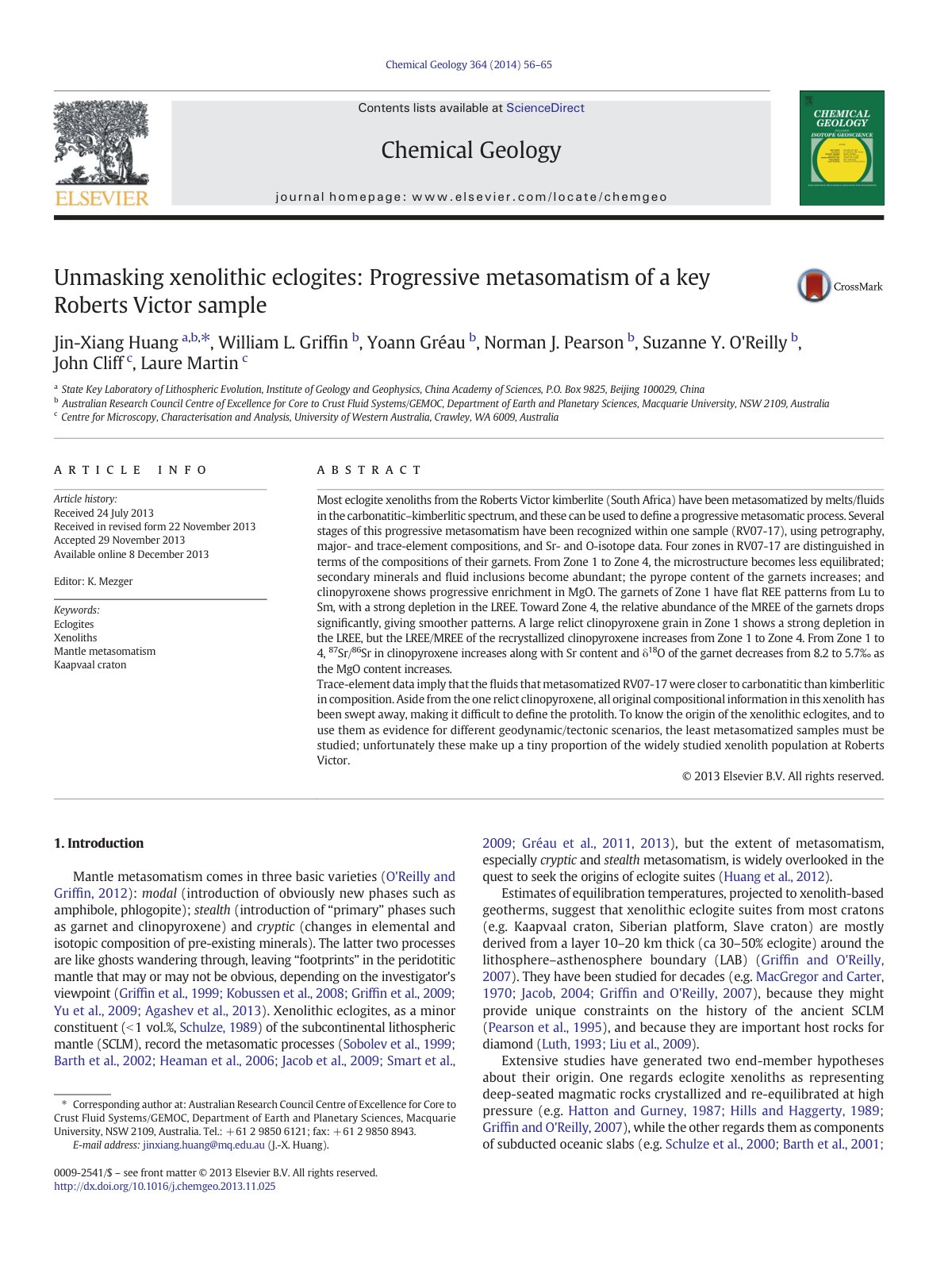 First page of Unmasking xenolithic eclogites: Progressive metasomatism of a key Roberts Victor sample