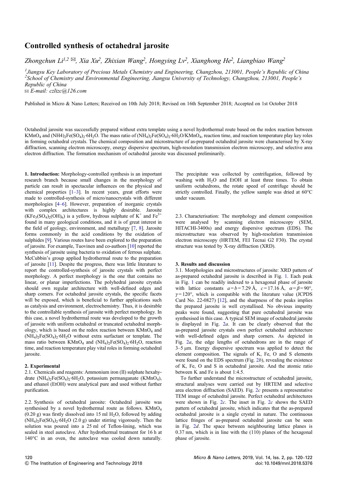 First page of Controlled synthesis of octahedral jarosite