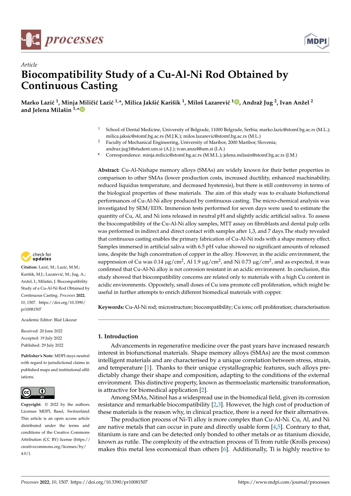 First page of Biocompatibility Study of a Cu-Al-Ni Rod Obtained by Continuous Casting