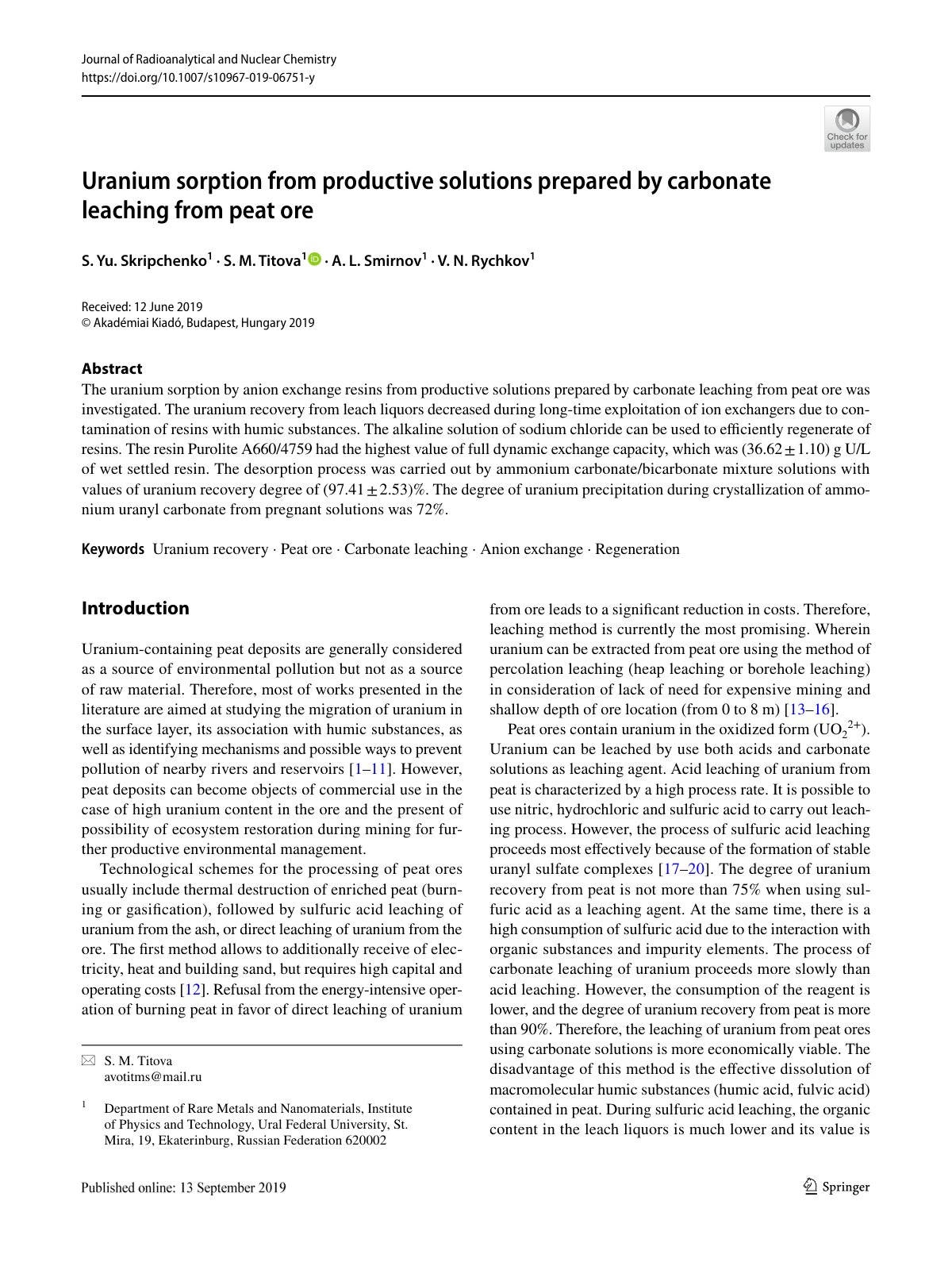 First page of Uranium sorption from productive solutions prepared by carbonate leaching from peat ore