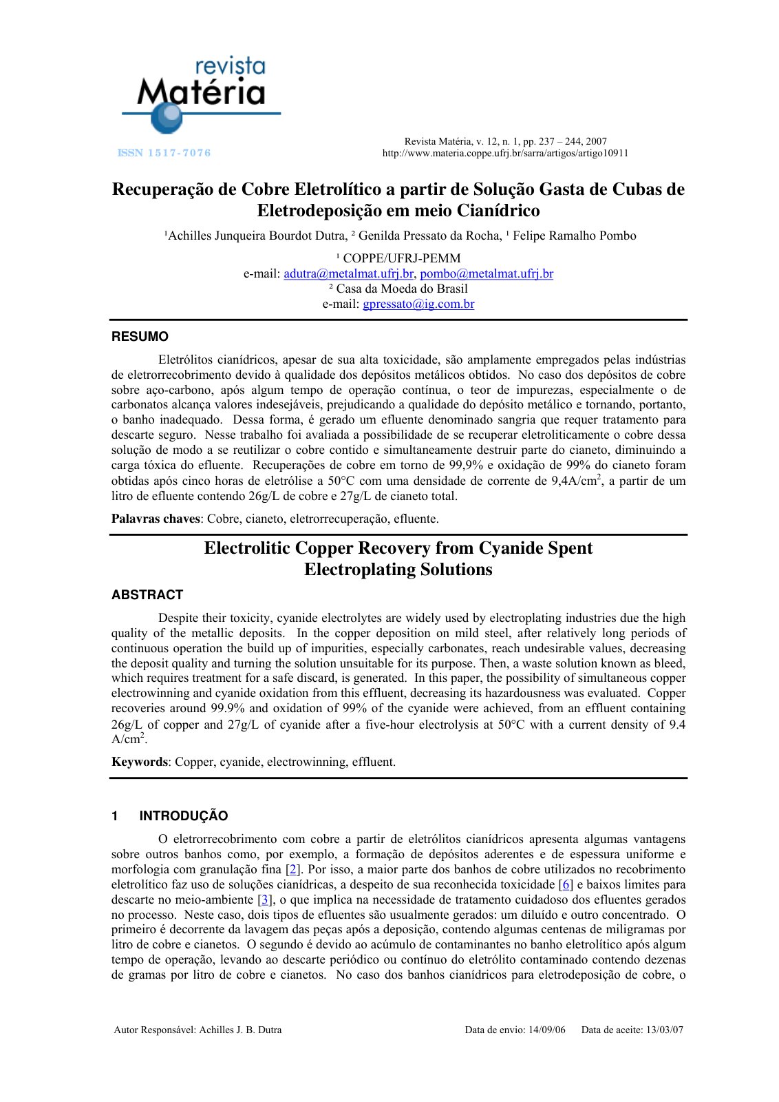 First page of Recuperacao de cobre eletrolitico a part