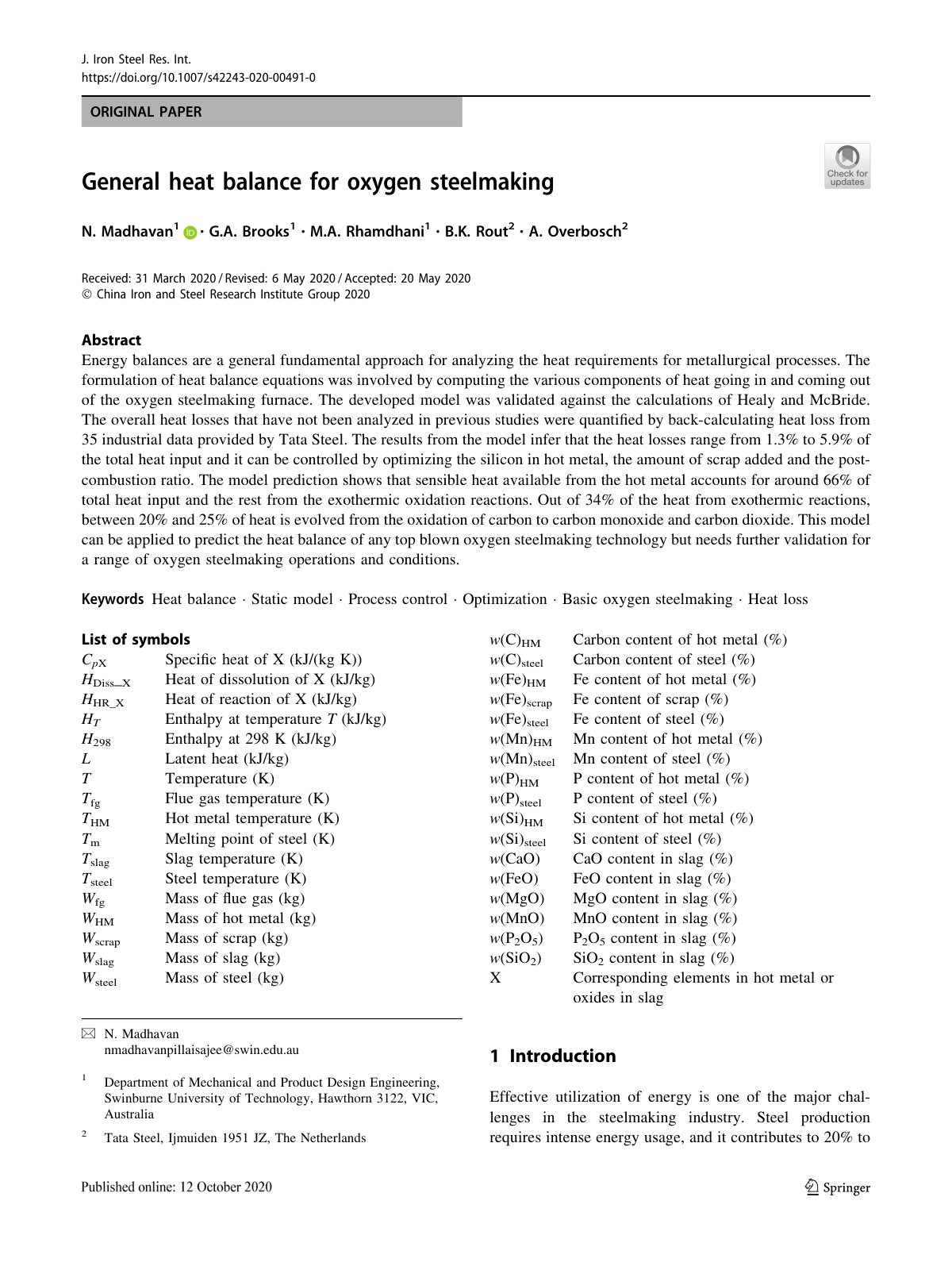 First page of General heat balance for oxygen steelmaking