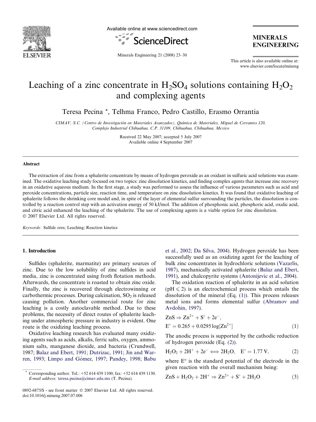 First page of Leaching of a zinc concentrate in H 2SO4 solutions containing H 2O2 and complexing agents
