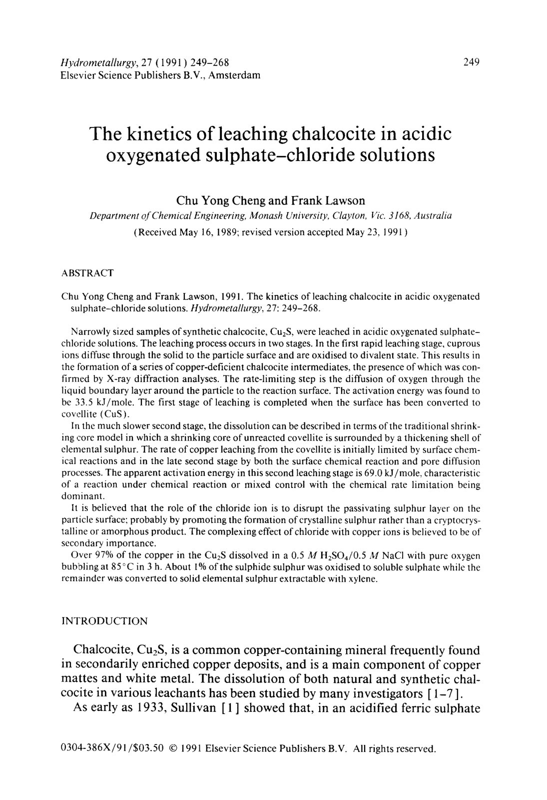 First page of The kinetics of leaching chalcocite in a