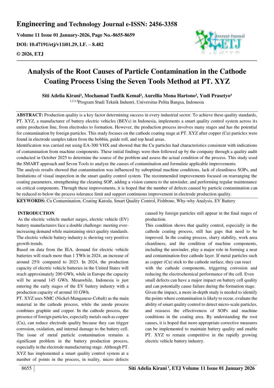 First page of Analysis of the Root Causes of Particle Contamination in the Cathode  Coating Process Using the Seven Tools Method at PT. XYZ 