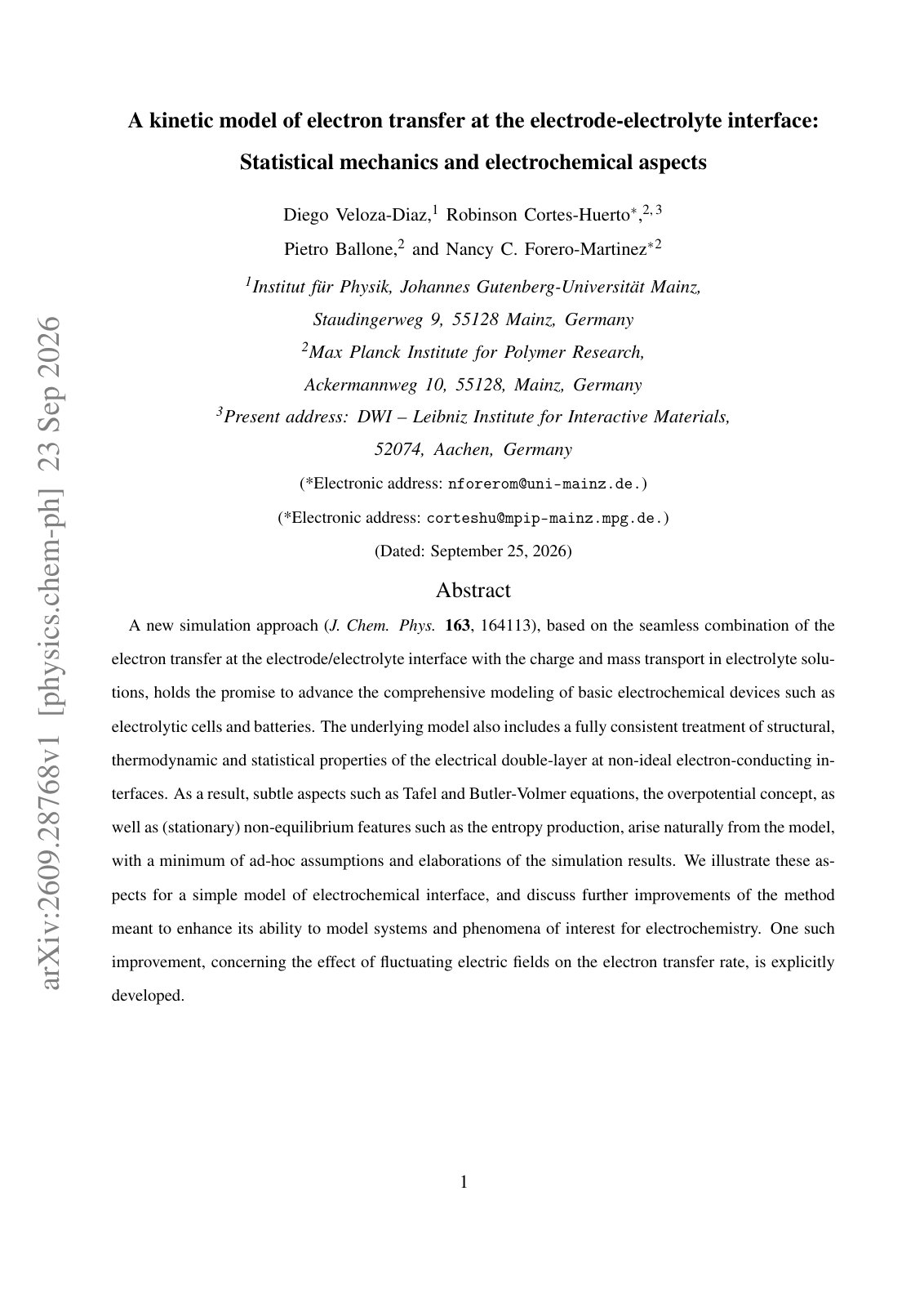First page of A kinetic model of electron transfer at the electrode-electrolyte interface: Statistical mechanics and electrochemical aspects
