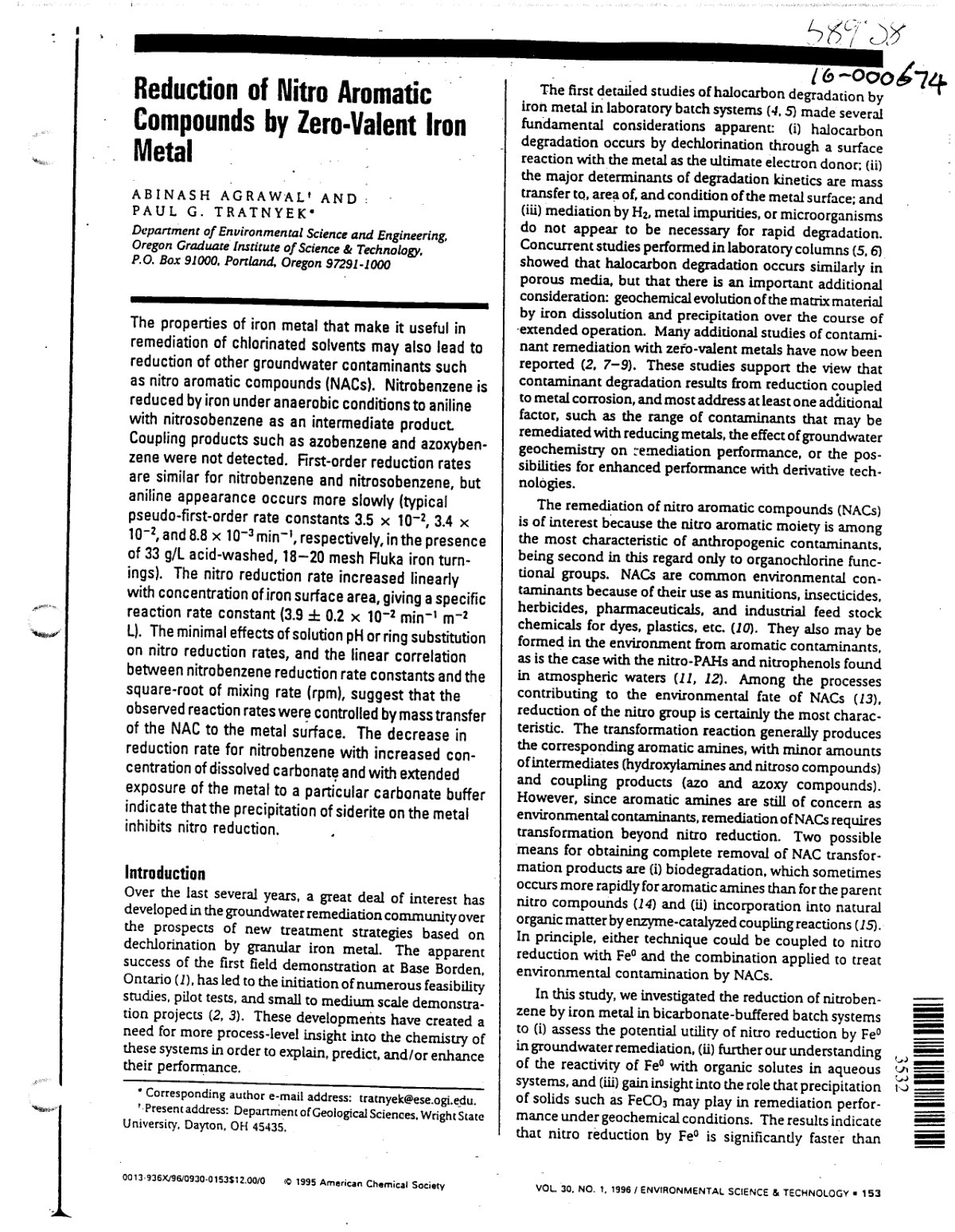 First page of Reduction of Nitro Aromatic Compounds by Zero-Valent Iron Metal