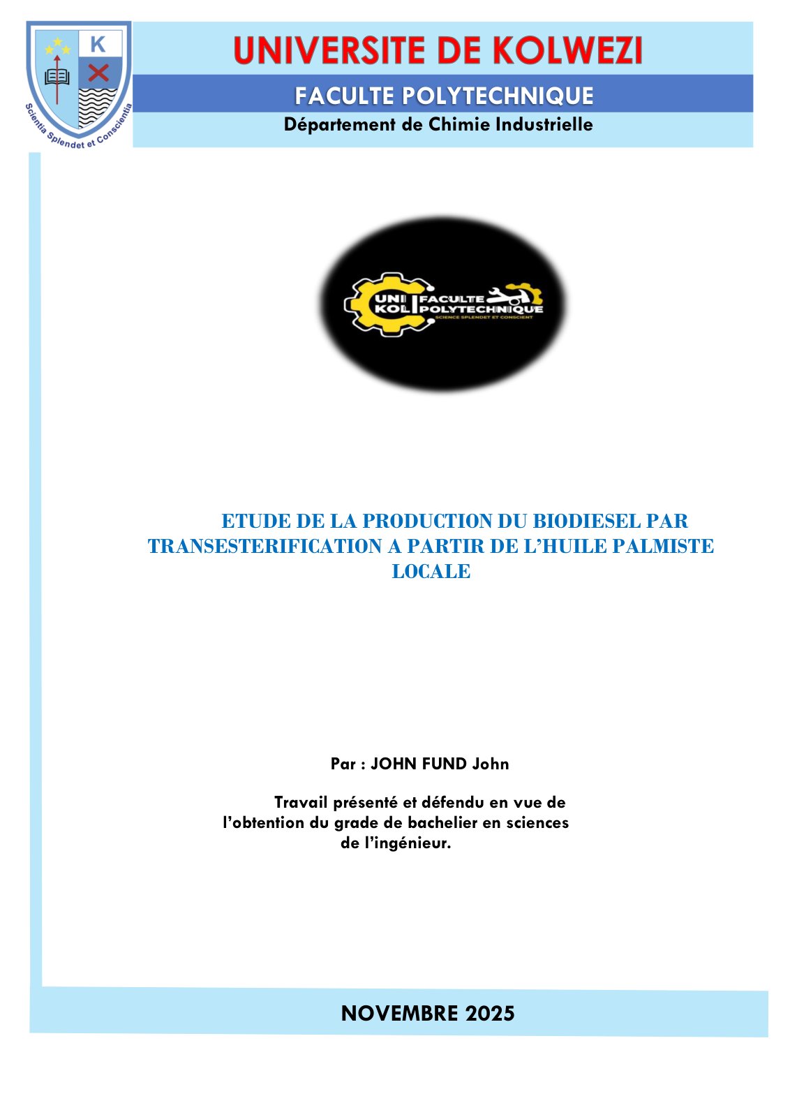 First page of ETUDE DE LA PRODUCTION DU BIODIESEL PAR TRANSESTERIFICATION A PARTIR DE L’HUILE PALMISTE  LOCALE 