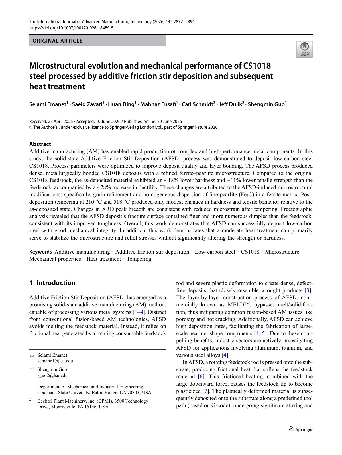 First page of 2026 Emanet CS1018 AFSD Heat Treatment