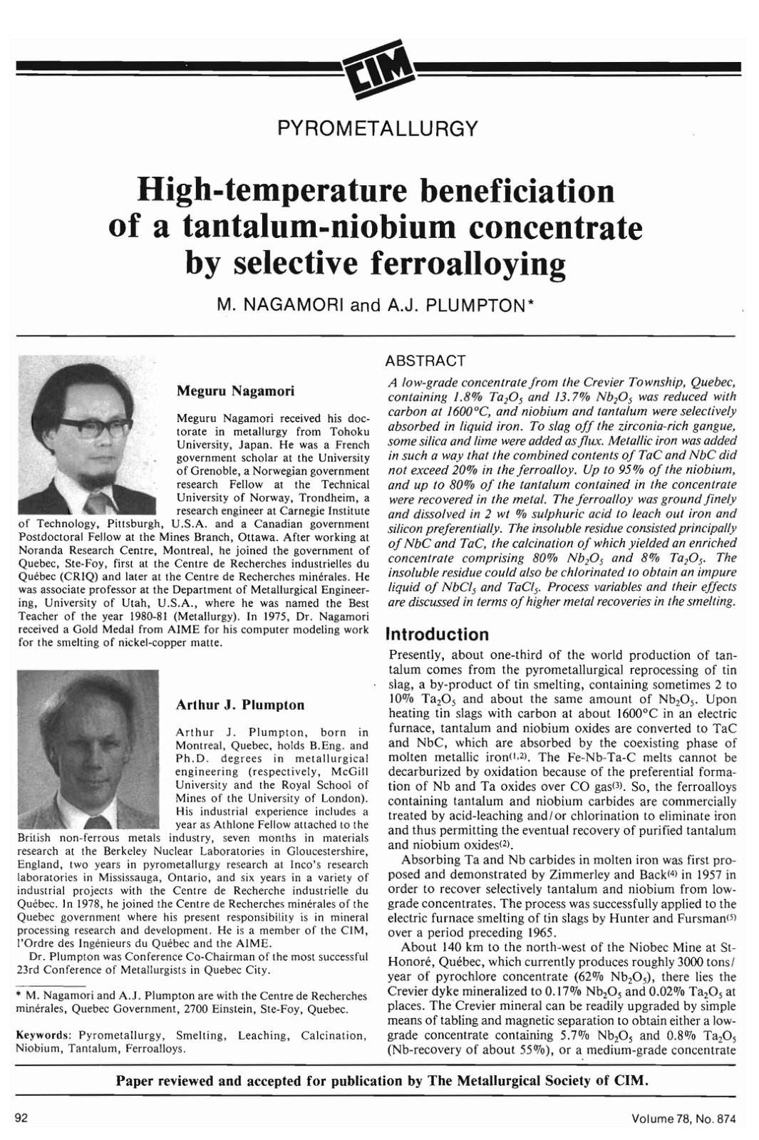 First page of High-temperature beneficiation of a tantalum-niobium concentrate by selective ferroalloying