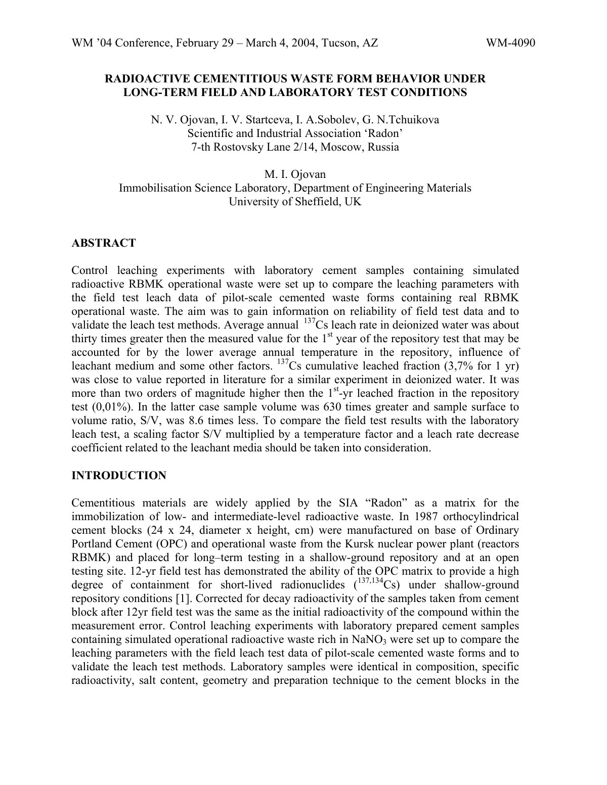 First page of RADIOACTIVE CEMENTITIOUS WASTE FORM BEHAVIOR UNDER LONG-TERM FIELD AND LABORATORY TEST CONDITIONS