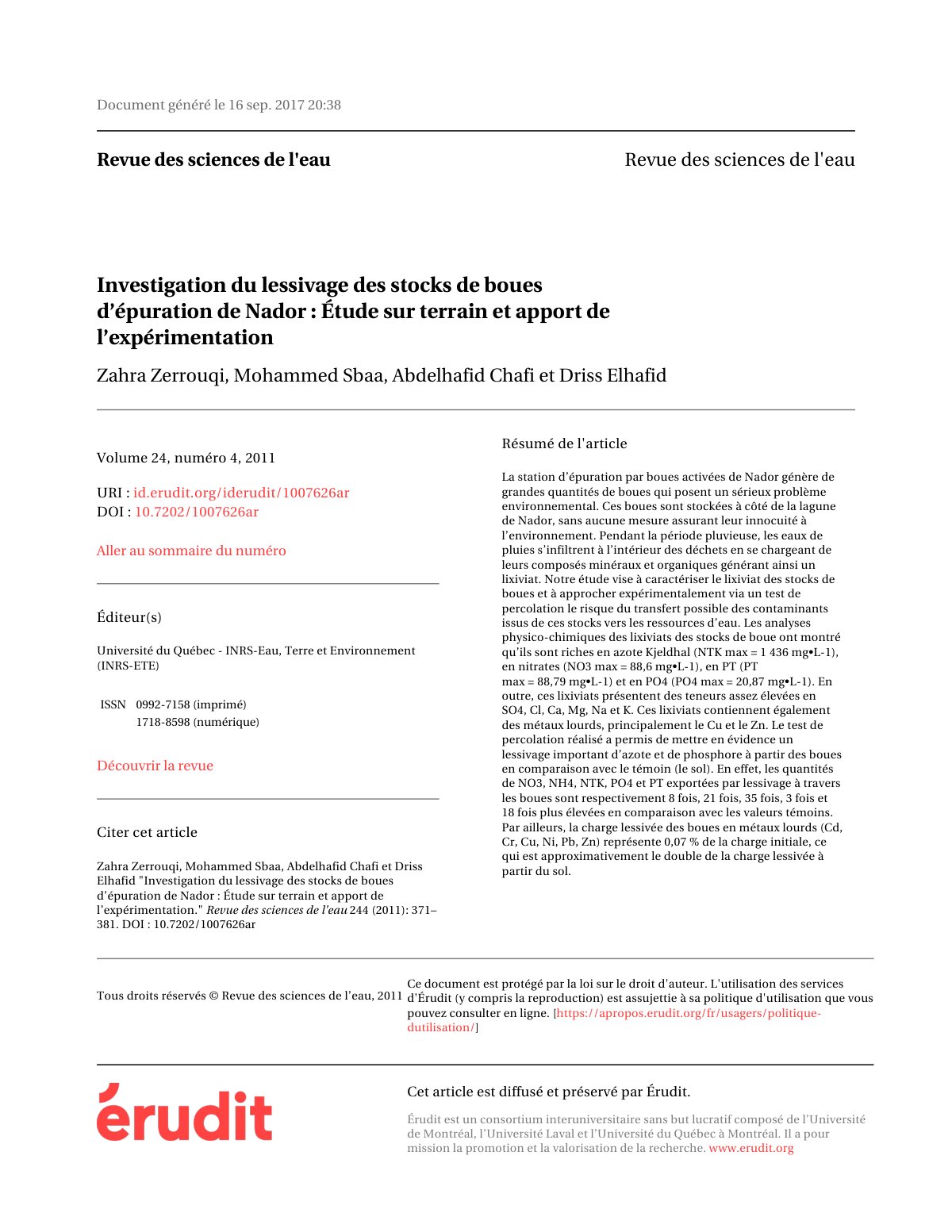 First page of Investigation du lessivage des stocks de boues d’épuration de Nador : Étude sur terrain et apport de l’expérimentation