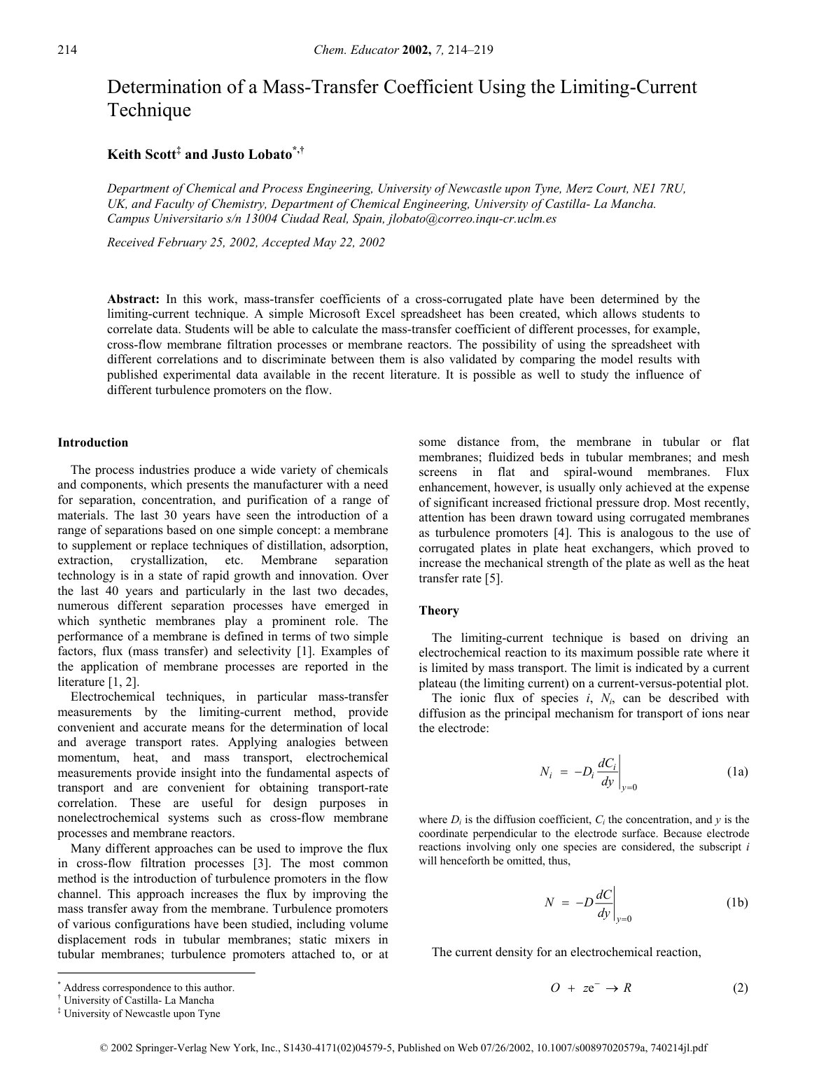 First page of Determination of a Mass Transfer Coeffic