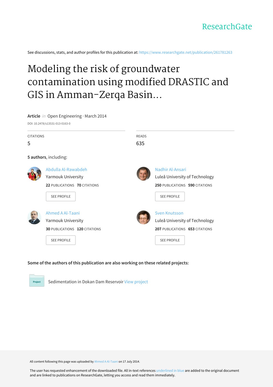 First page of Modeling the risk of groundwater contami