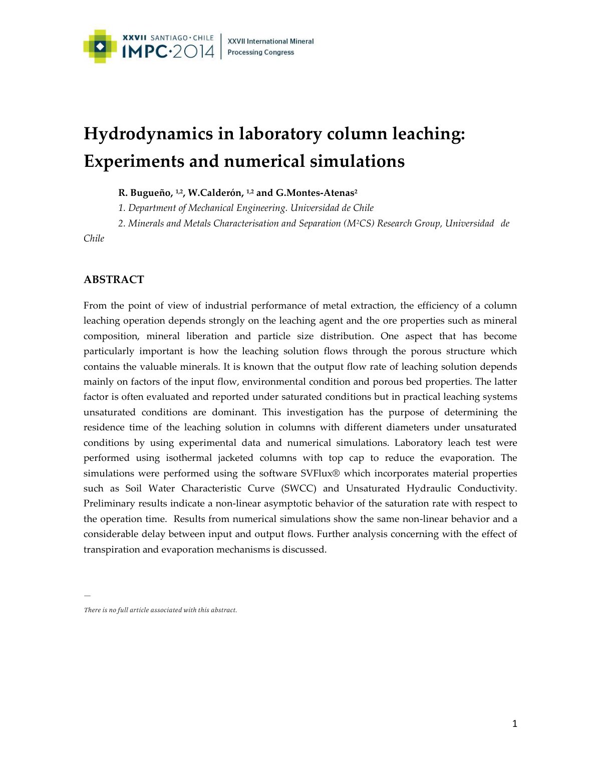 First page of Hydrodynamics in laboratory column leaching: Experiments and numerical simulations
