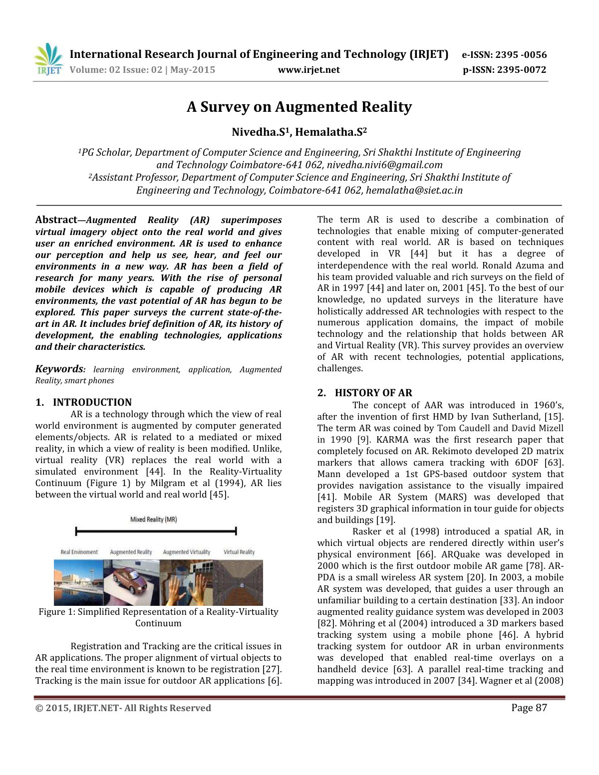First page of IRJET A Survey on Augmented Reality