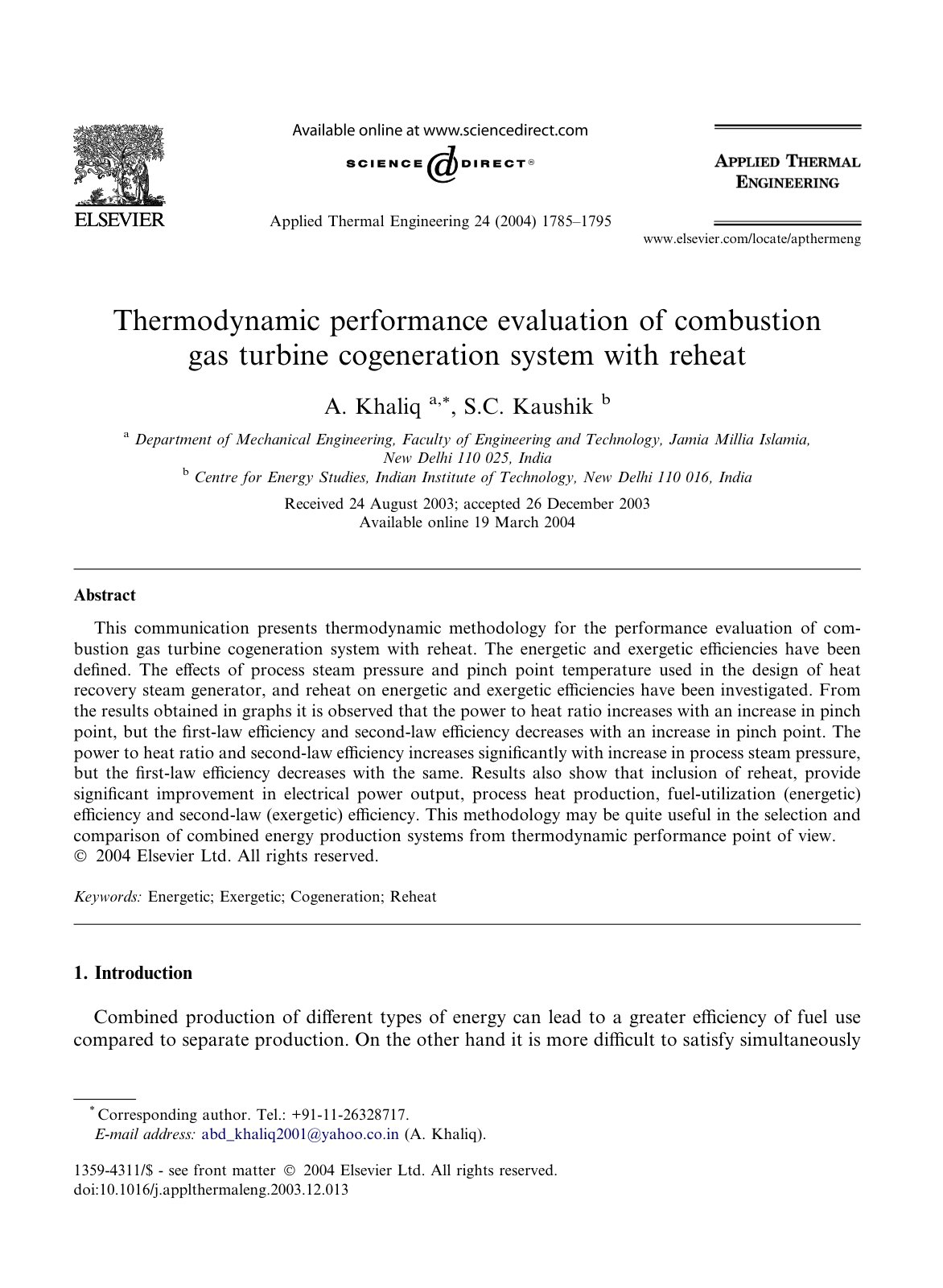 First page of Thermodynamic performance evaluation of