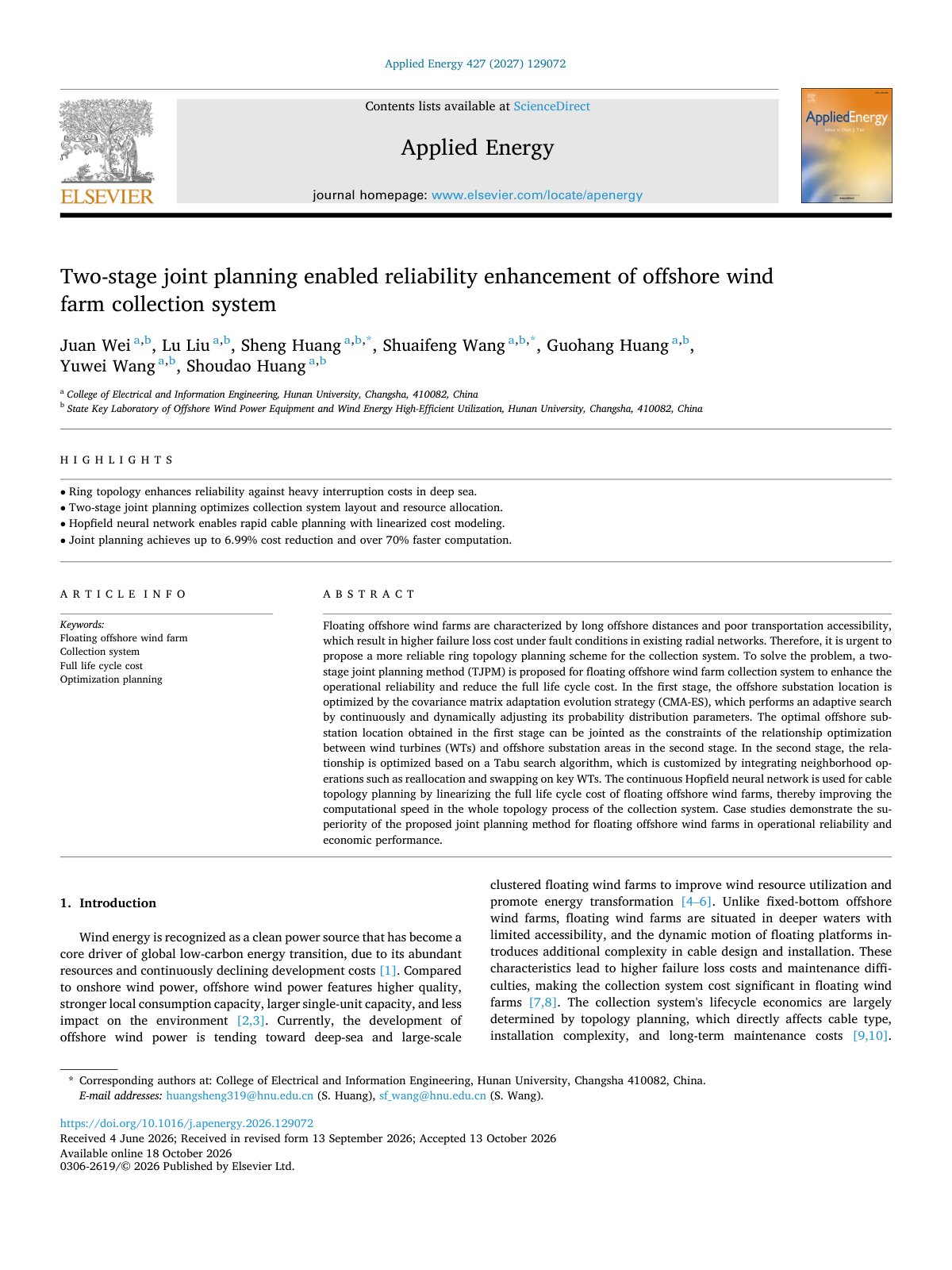 First page of Two stage joint planning enabled reliability enhancement of of 2027 Applied 