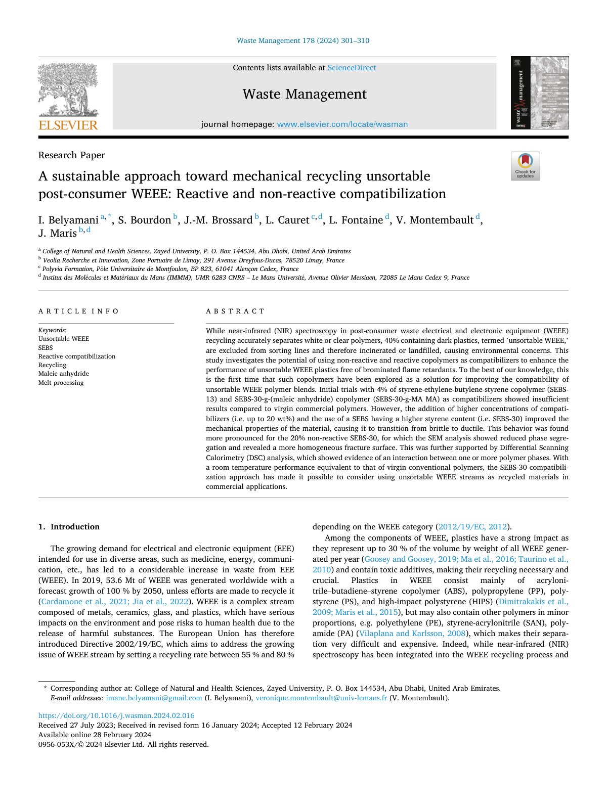 First page of A sustainable approach toward mechanical recycling unsortable p 2024 Waste M