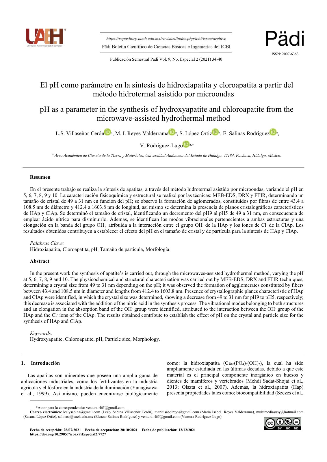 First page of El pH como parametro en la sintesis de h