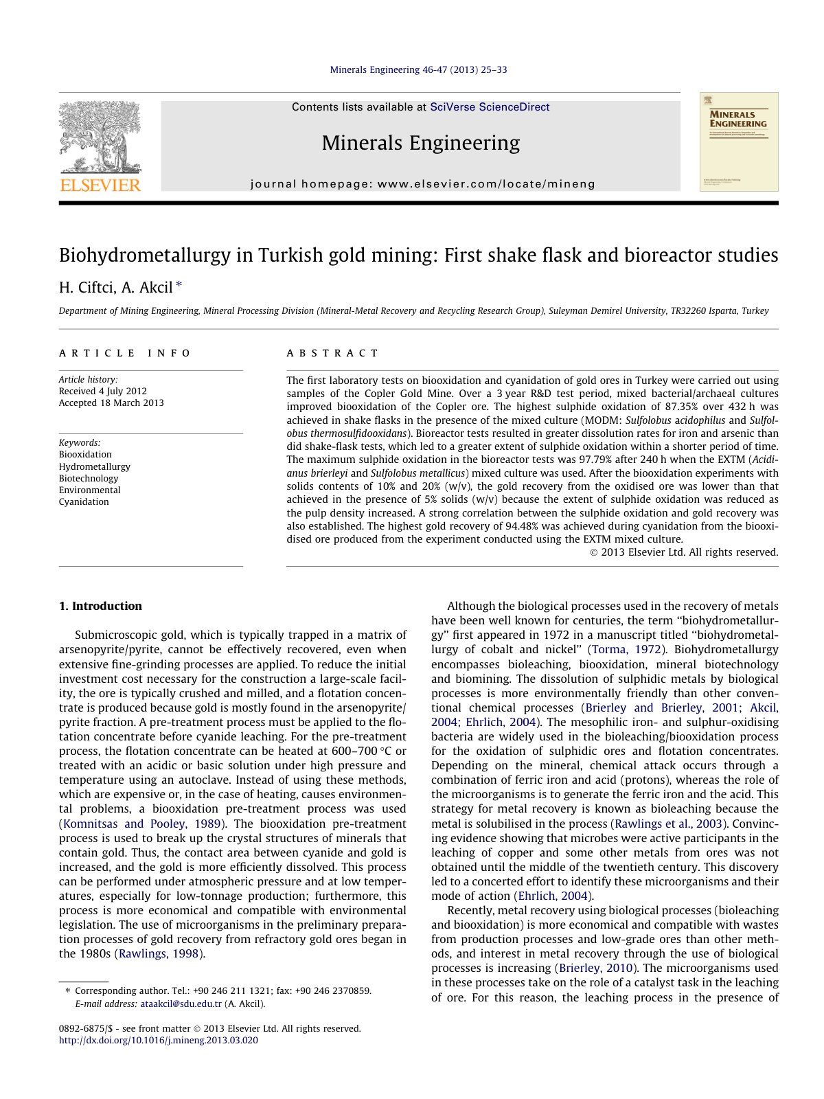 First page of Biohydrometallurgy in Turkish gold minin
