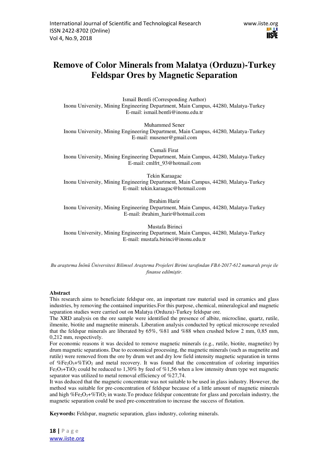 First page of Remove of Color Minerals from Malatya (Orduzu)-Turkey Feldspar Ores by Magnetic Separation