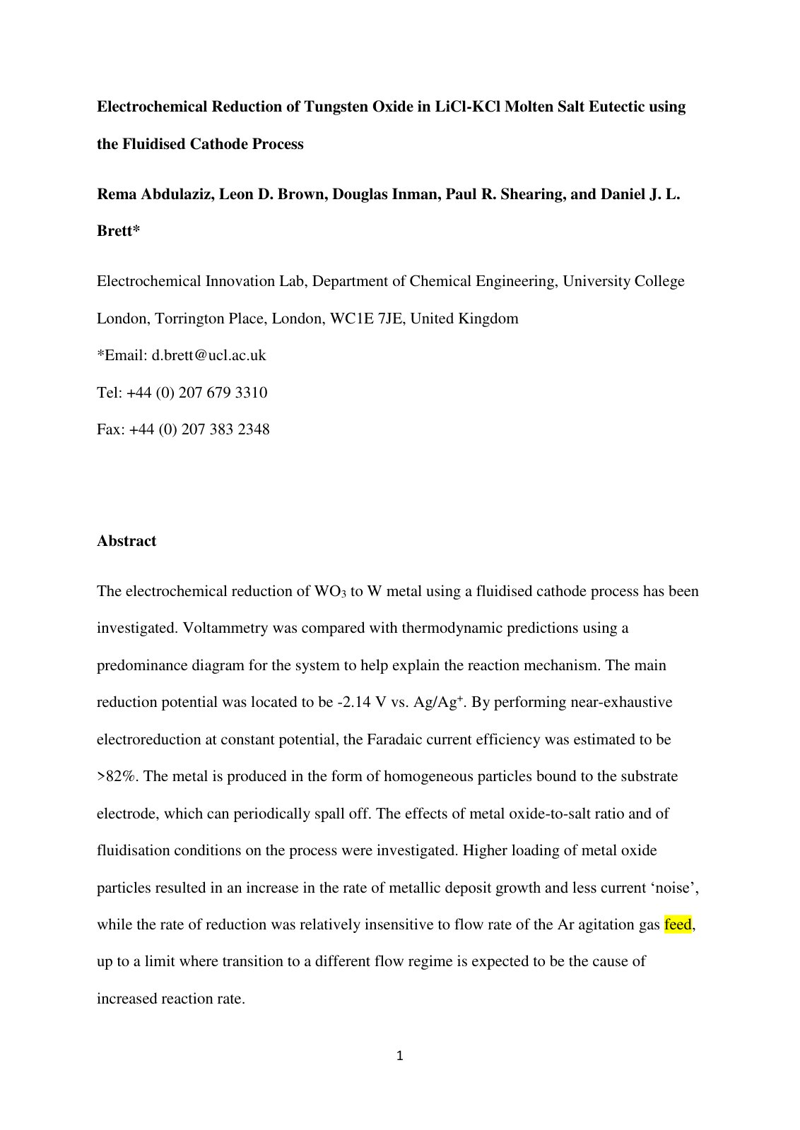 First page of Electrochemical Reduction of Tungsten Oxide in LiCl-KCl Molten Salt Eutectic using the Fluidised Cathode Process