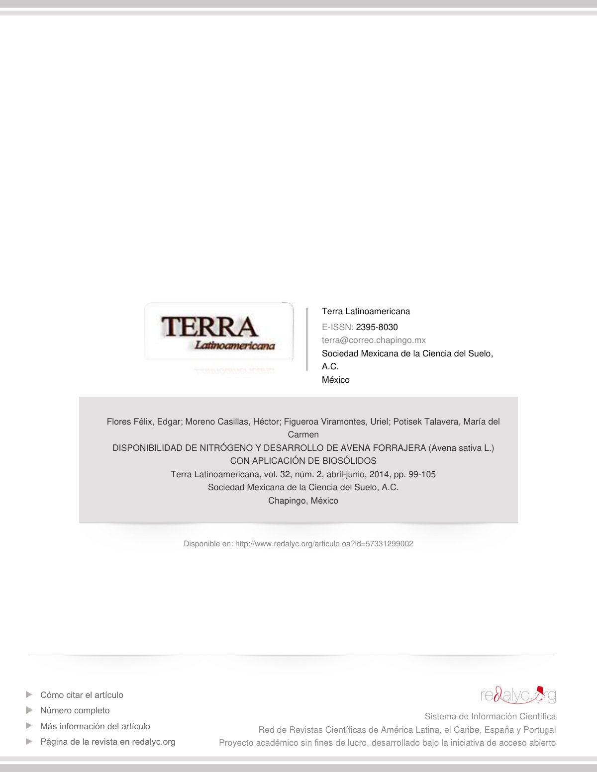 First page of DISPONIBILIDAD DE NITRÓGENO Y DESARROLLO DE AVENA FORRAJERA (Avena sativa L.) CON APLICACIÓN DE BIOSÓLIDOS