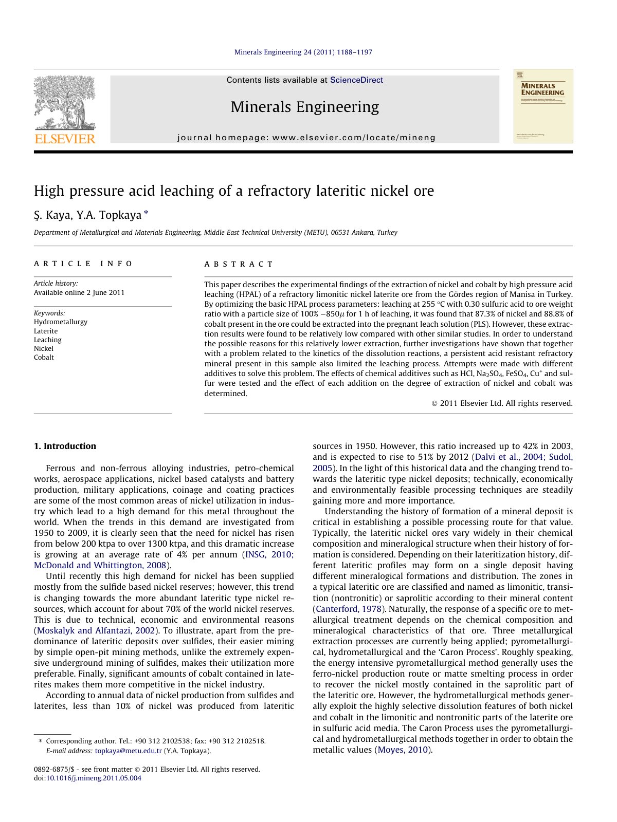 First page of High pressure acid leaching of a refract