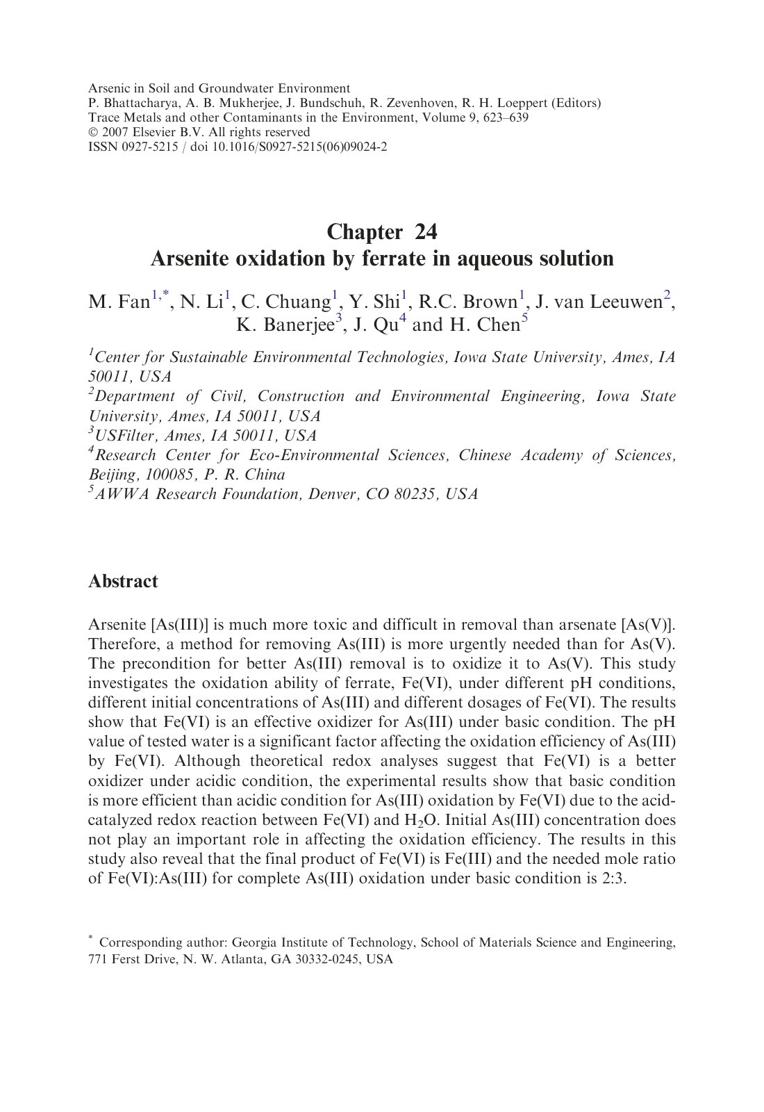 First page of Chapter 24 Arsenite oxidation by ferrate