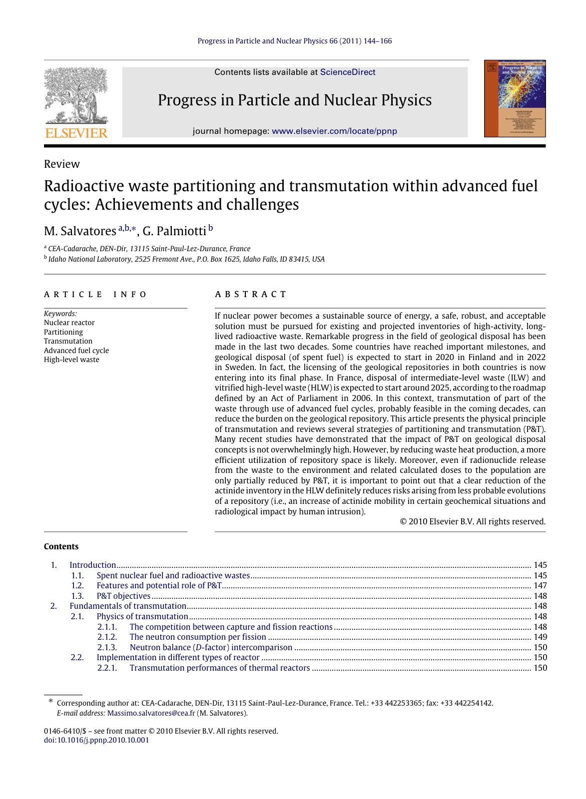 First page of Radioactive waste partitioning and transmutation within advanced fuel cycles: Achievements and challenges