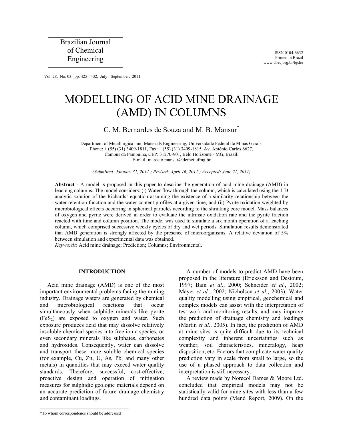 First page of MODELLING OF ACID MINE DRAINAGE (AMD) IN COLUMNS