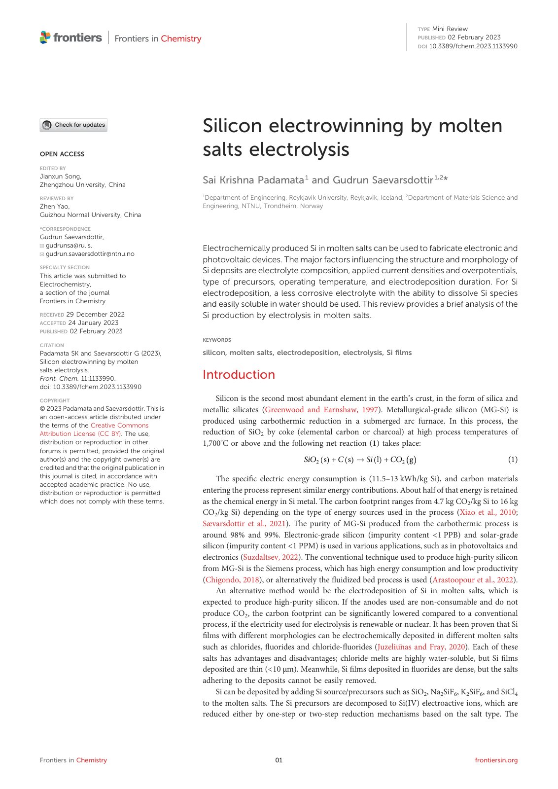 First page of Silicon electrowinning by molten salts e