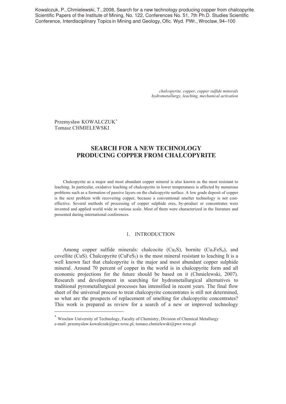 First page of Search for a new technology producing copper from chalcopyrite